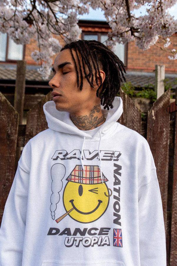 Hoodie in White with Mushroom Rave Nation Print