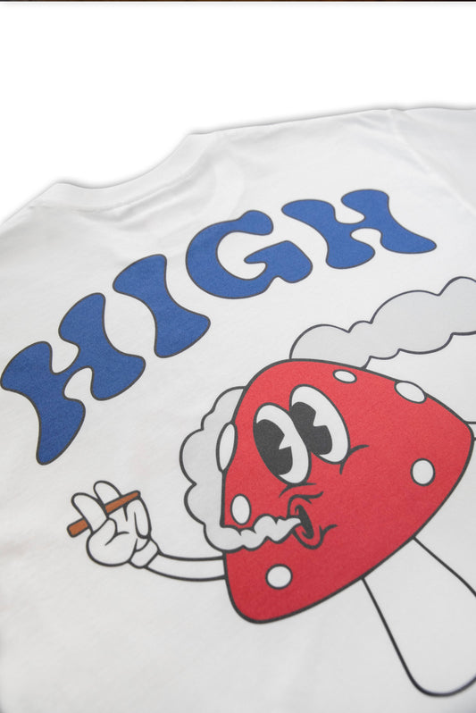 Close-up of High On Life T-Shirt back print showing red mushroom cartoon smoking with bold 'HIGH' text. Durable DTG print on white cotton fabric.