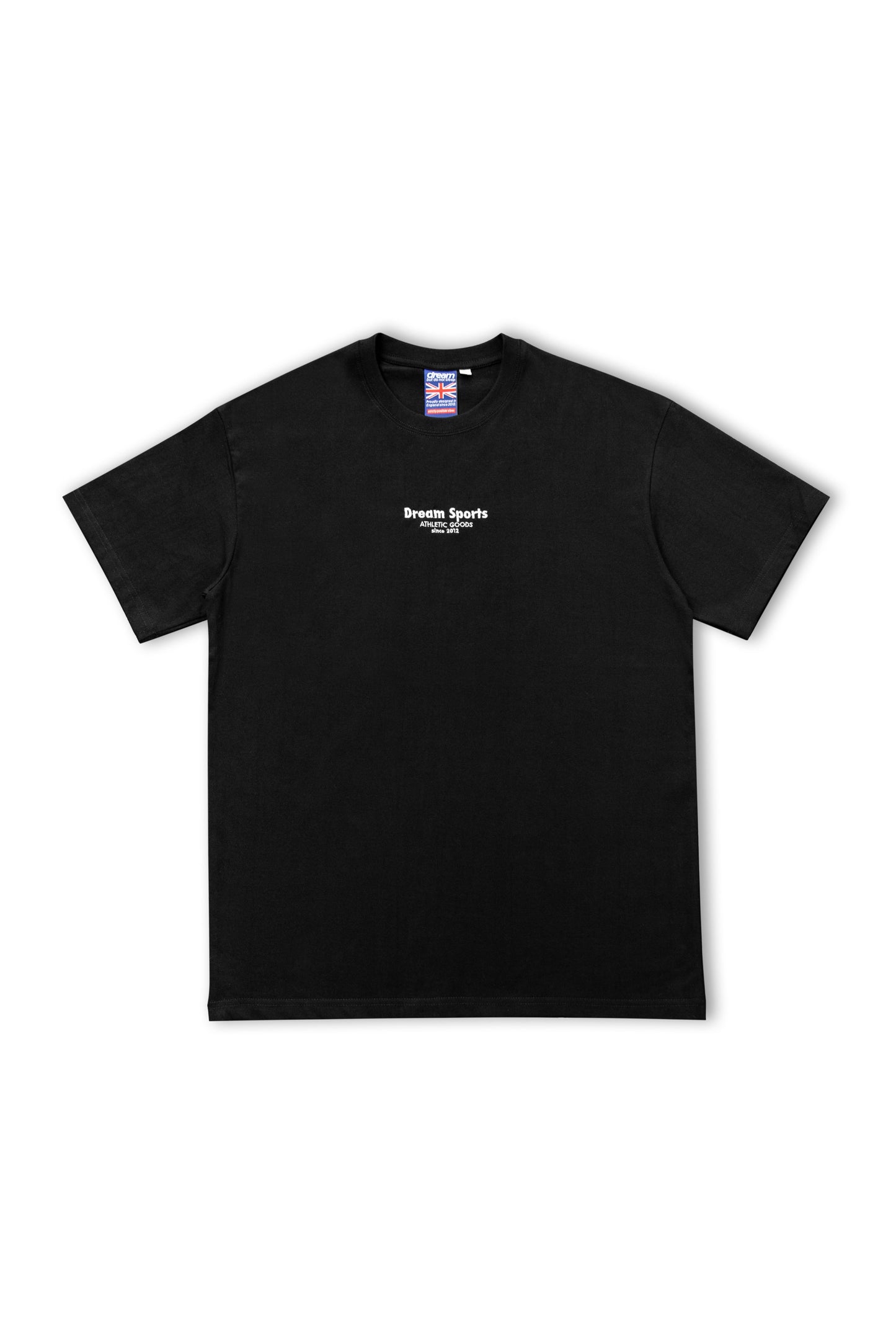 Black sports logo t-shirt with 'Dream Sports' embroidered on chest. Premium short sleeve cotton tee, unisex fit, ideal for casual wear.