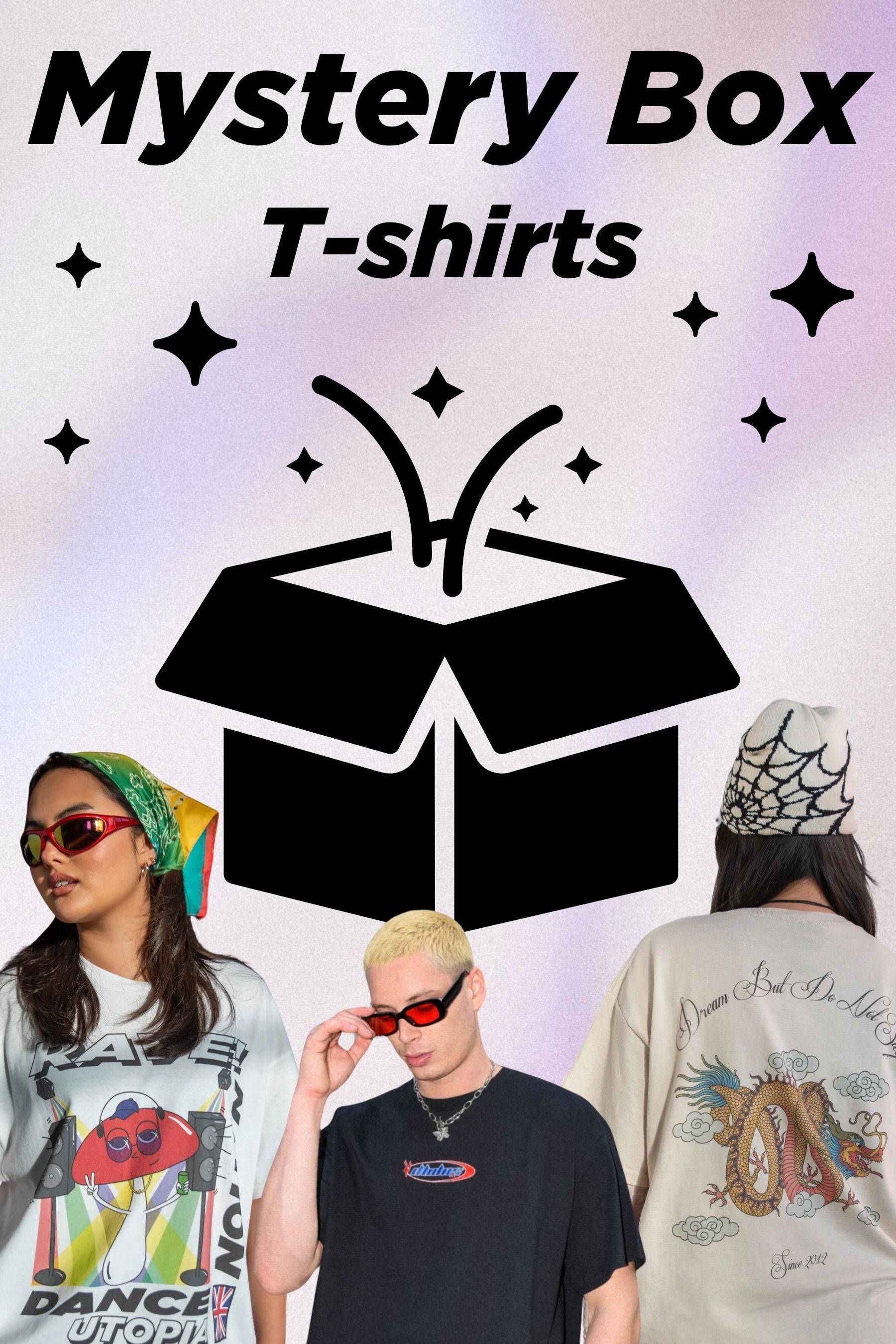 T-Shirt Mystery Box 2.0 featuring assorted short-sleeved tees with custom styles, including graphic prints and minimal logos. Apparel & Accessories gift option.
