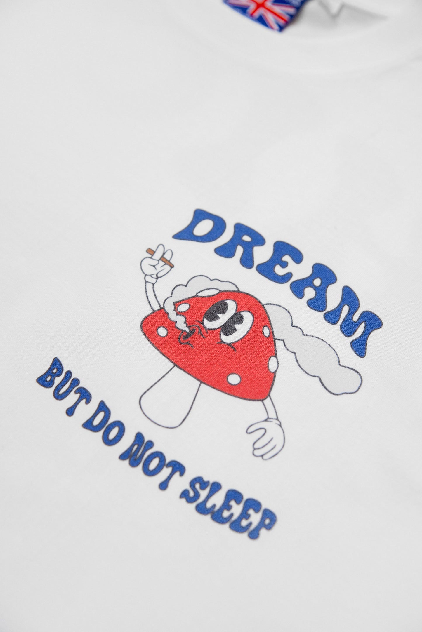 Zoomed-in chest print of High On Life T-Shirt showing red mushroom and slogan 'DREAM BUT DO NOT SLEEP'. Crisp DTG print on premium cotton.