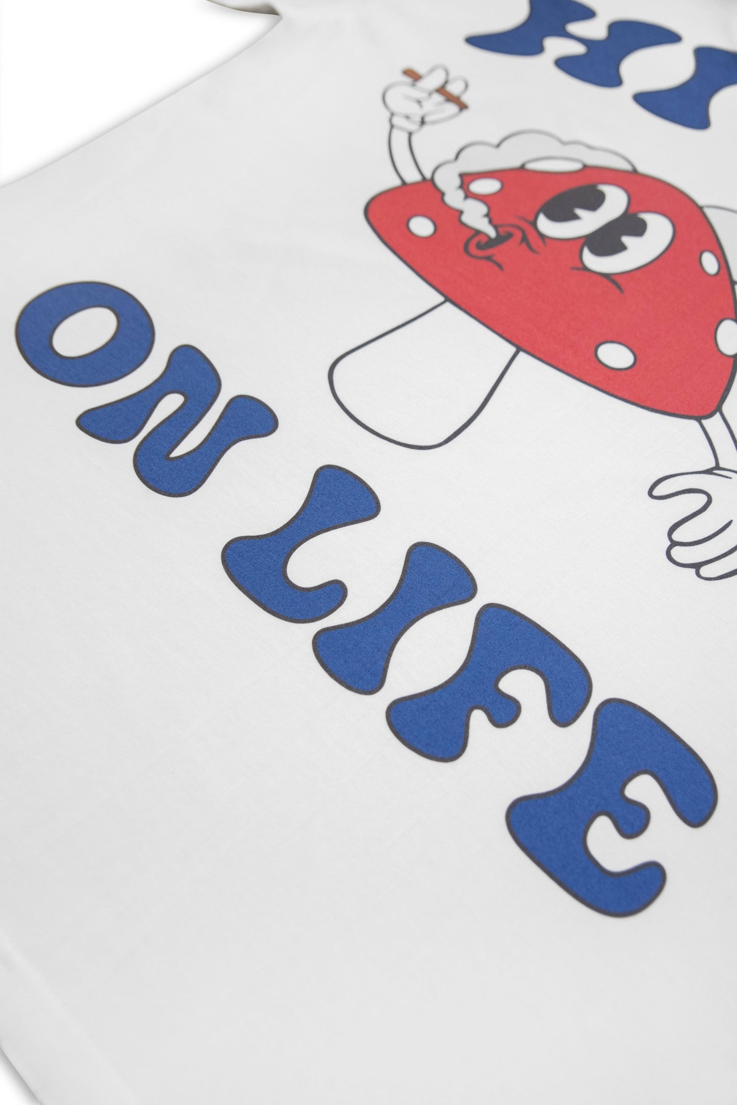 Detailed view of High On Life T-Shirt back design with 'ON LIFE' text and vibrant mushroom character. High-quality print on premium cotton tee.