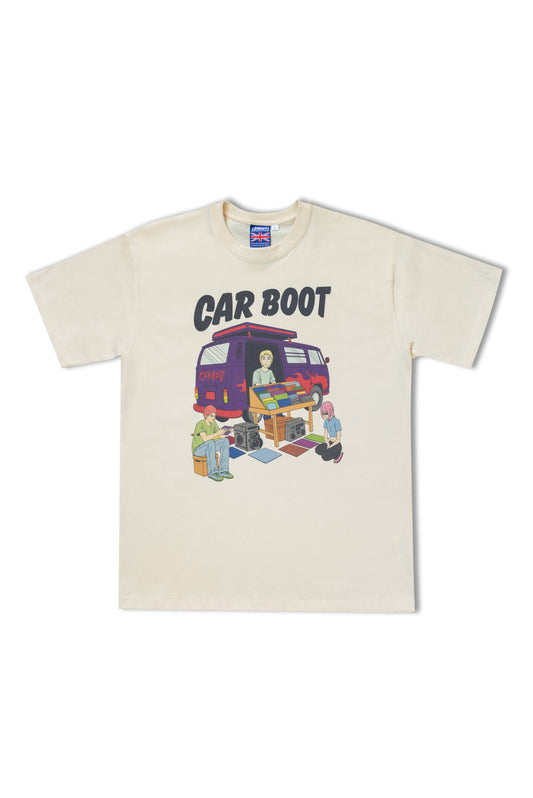 Cream T-Shirt - Car Boot Print | 100% Cotton, Unisex tee featuring colorful cartoon-style car boot sale scene on front, relaxed fit design.
