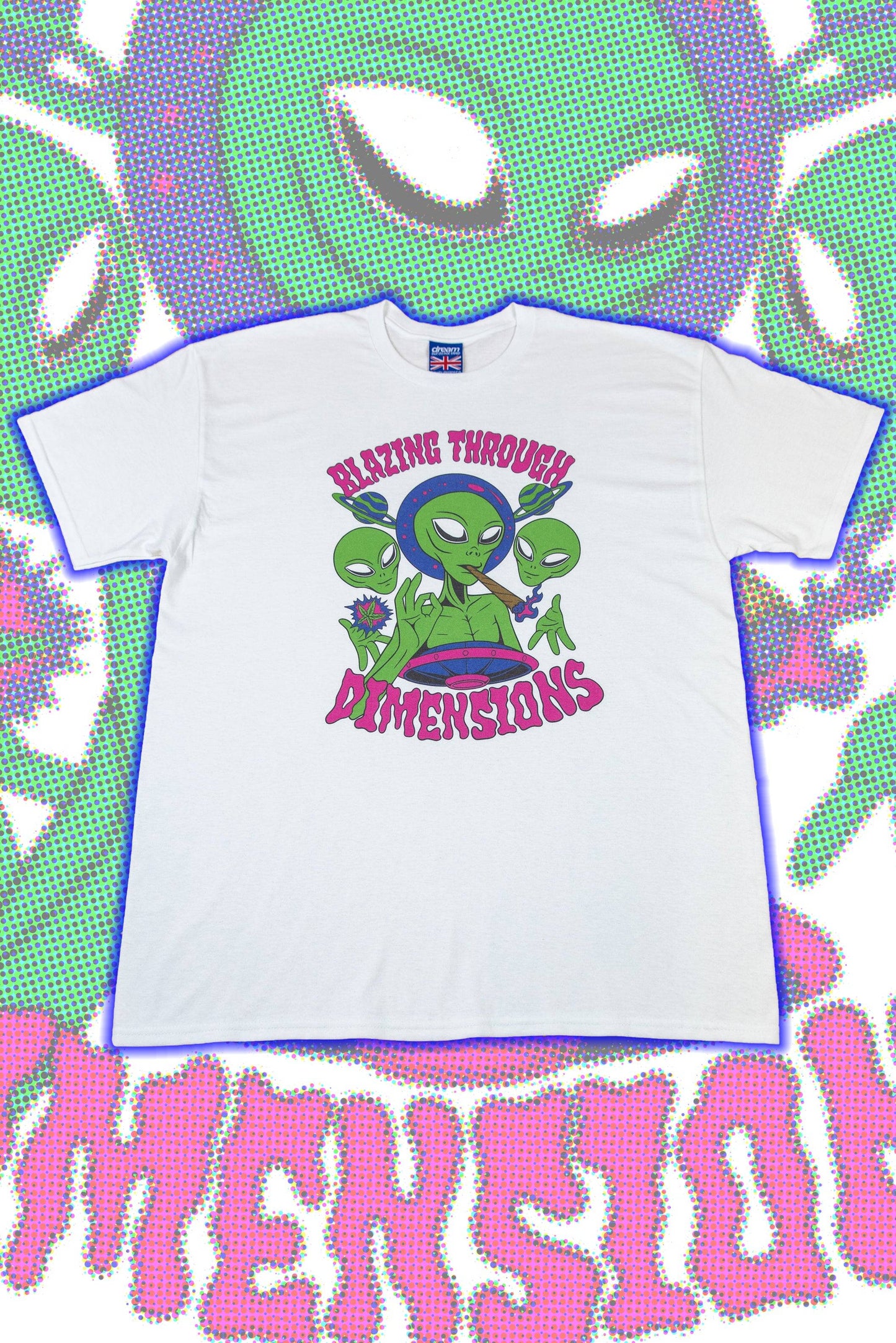 White Graphic T-Shirt - Short Sleeved featuring 'Blazing Through Dimensions' alien print in green and pink. Unisex cotton tee from DBDNS Shop.