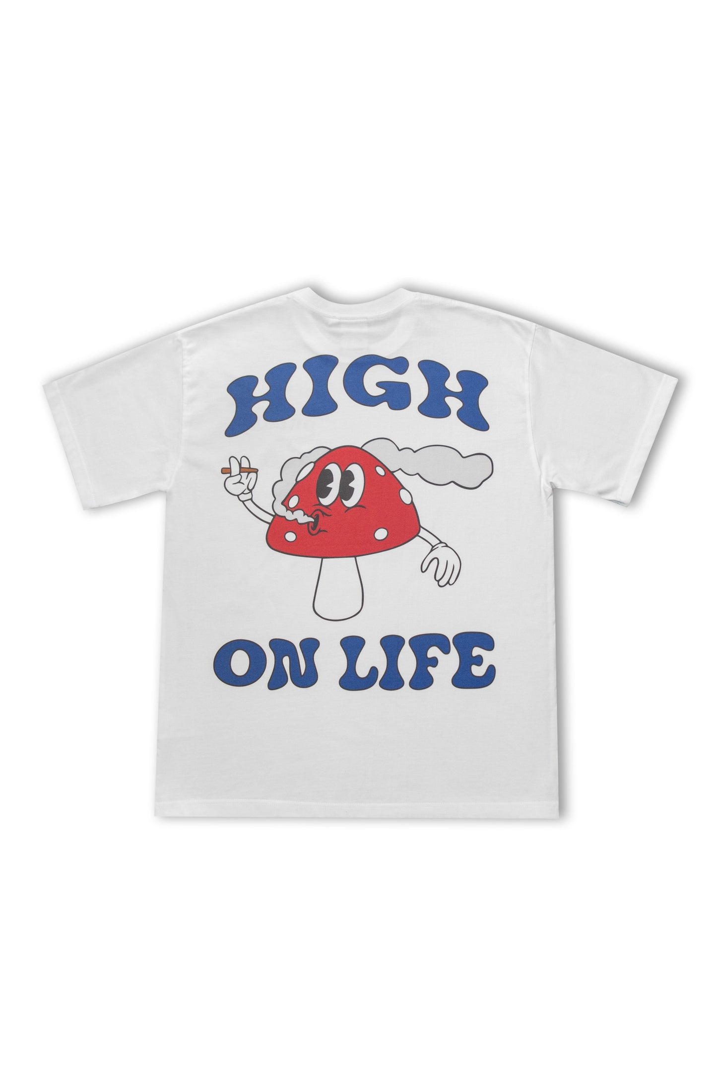 High On Life T-Shirt - Unisex Cotton Tee with cartoon mushroom graphic and bold blue text on back. Made from soft 240 gsm cotton for comfort.