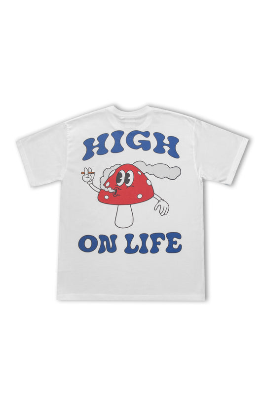 High On Life T-Shirt - Unisex Cotton Tee with cartoon mushroom graphic and bold blue text on back. Made from soft 240 gsm cotton for comfort.