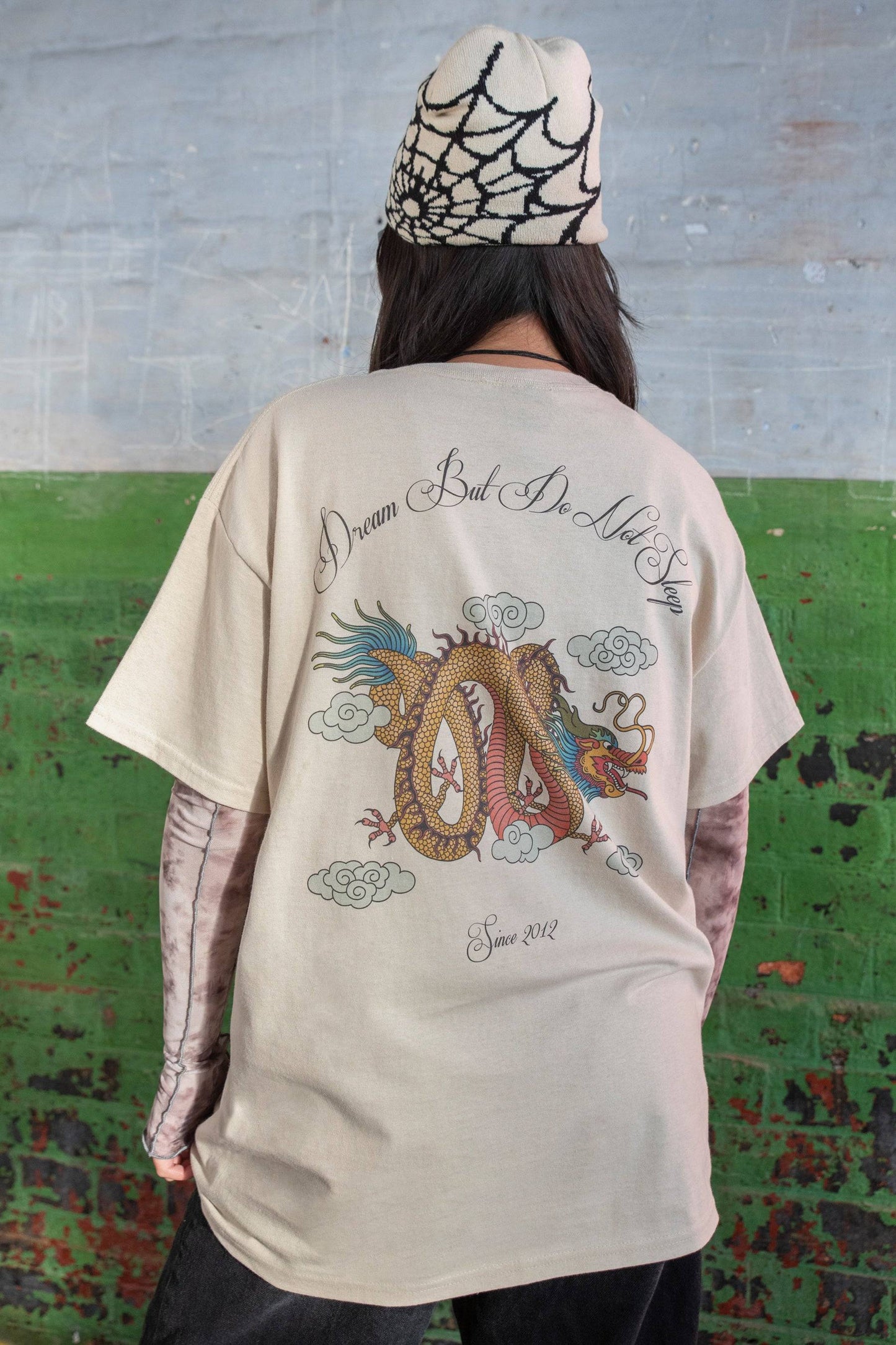 Sand T-shirt Dragon Print - Chinese Dragon T-shirt with large multicolor dragon graphic and 'Dream But Do Not Sleep' text on back, relaxed fit.