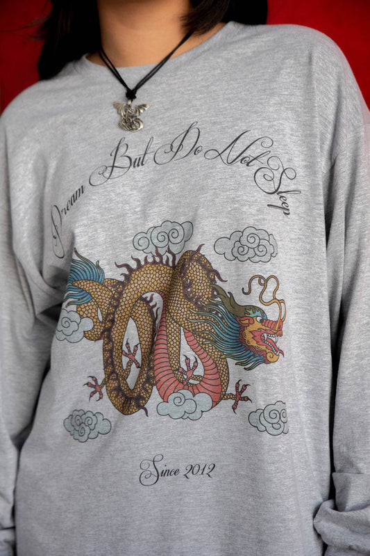 Close-up of Heather Grey Dragon T-shirt featuring detailed Chinese dragon graphic and 'Dream But Do Not Sleep' text. 100% cotton unisex fit.