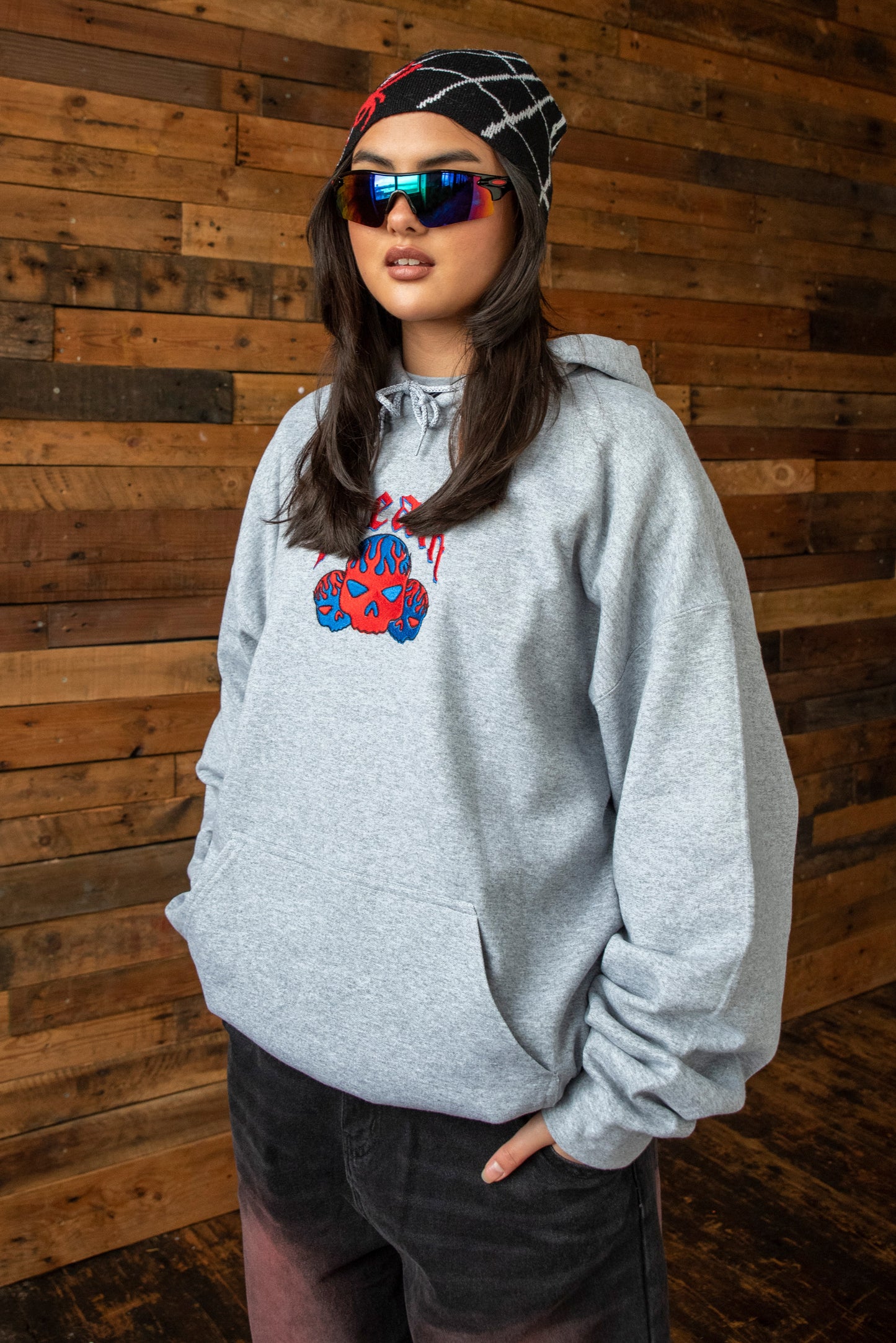 Hoodie in Heather Grey With Flaming Skull Embroidery