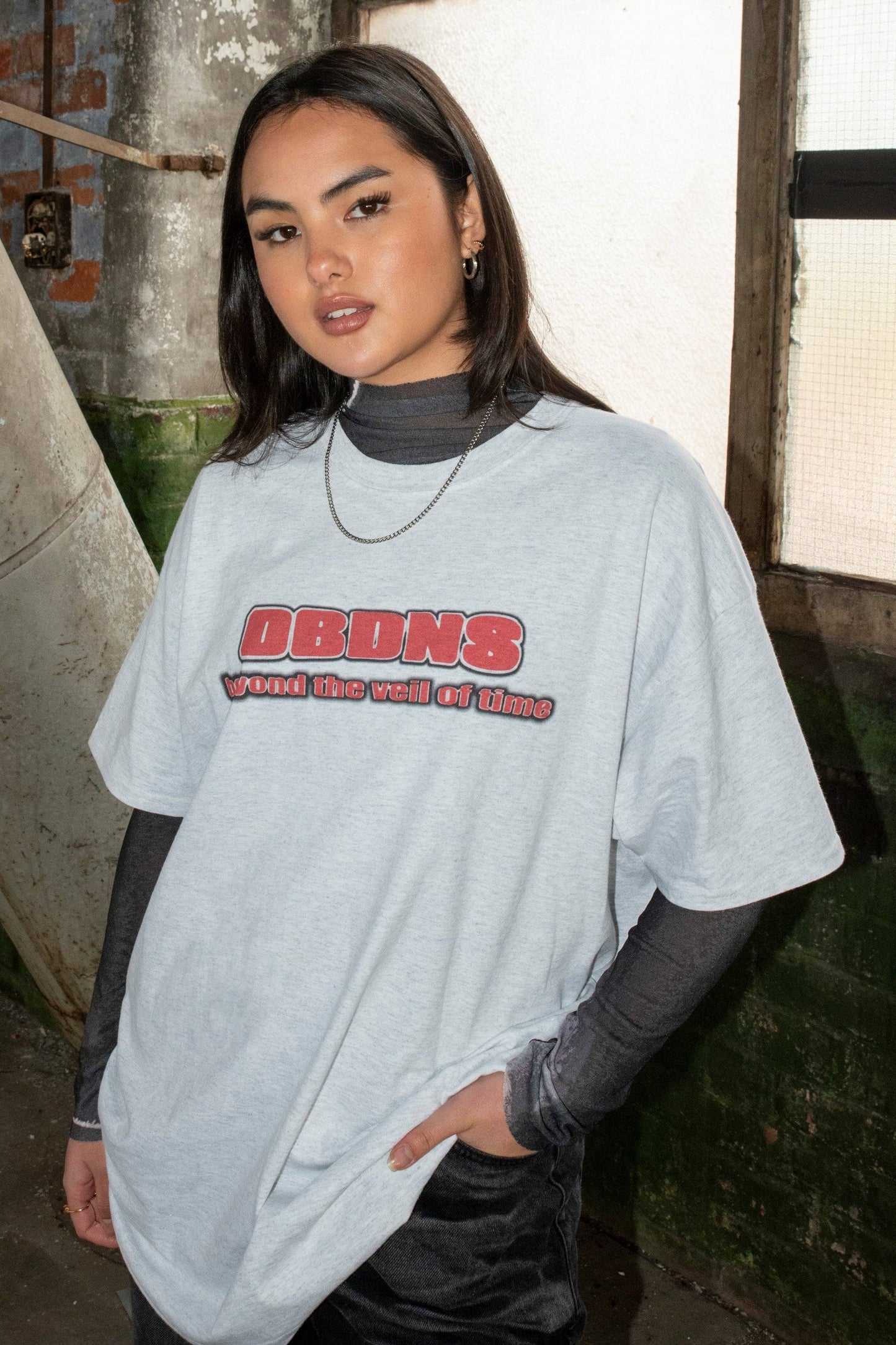 Ash Grey T-shirt with Logo - Unisex Cotton Tee styled with layered long sleeves, featuring bold red DBDNS print and relaxed fit.