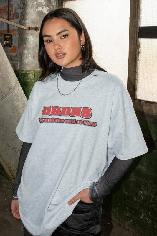 Ash Grey T-shirt with Logo - Unisex Cotton Tee styled with layered long sleeves, featuring bold red DBDNS print and relaxed fit.