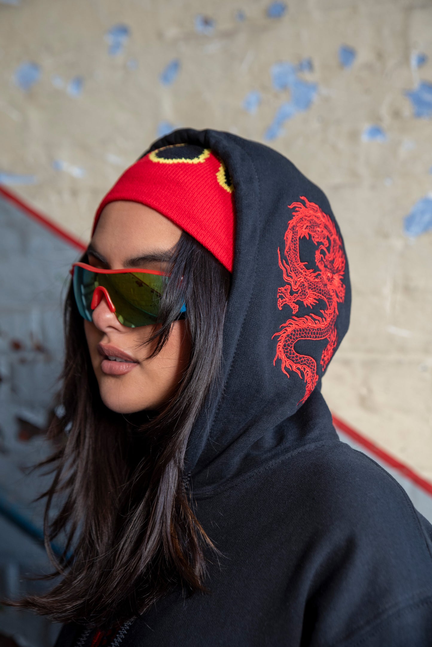 Hoodie in Black with Red Dragon Embroidery