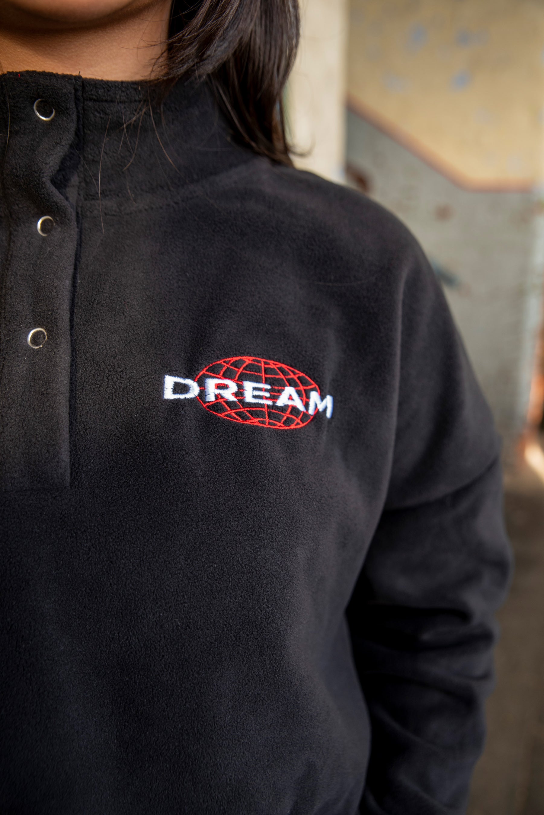 Close-up of Dream Globe embroidery on black cropped fleece hoodie, highlighting heavyweight fleece fabric and detailed stitching.