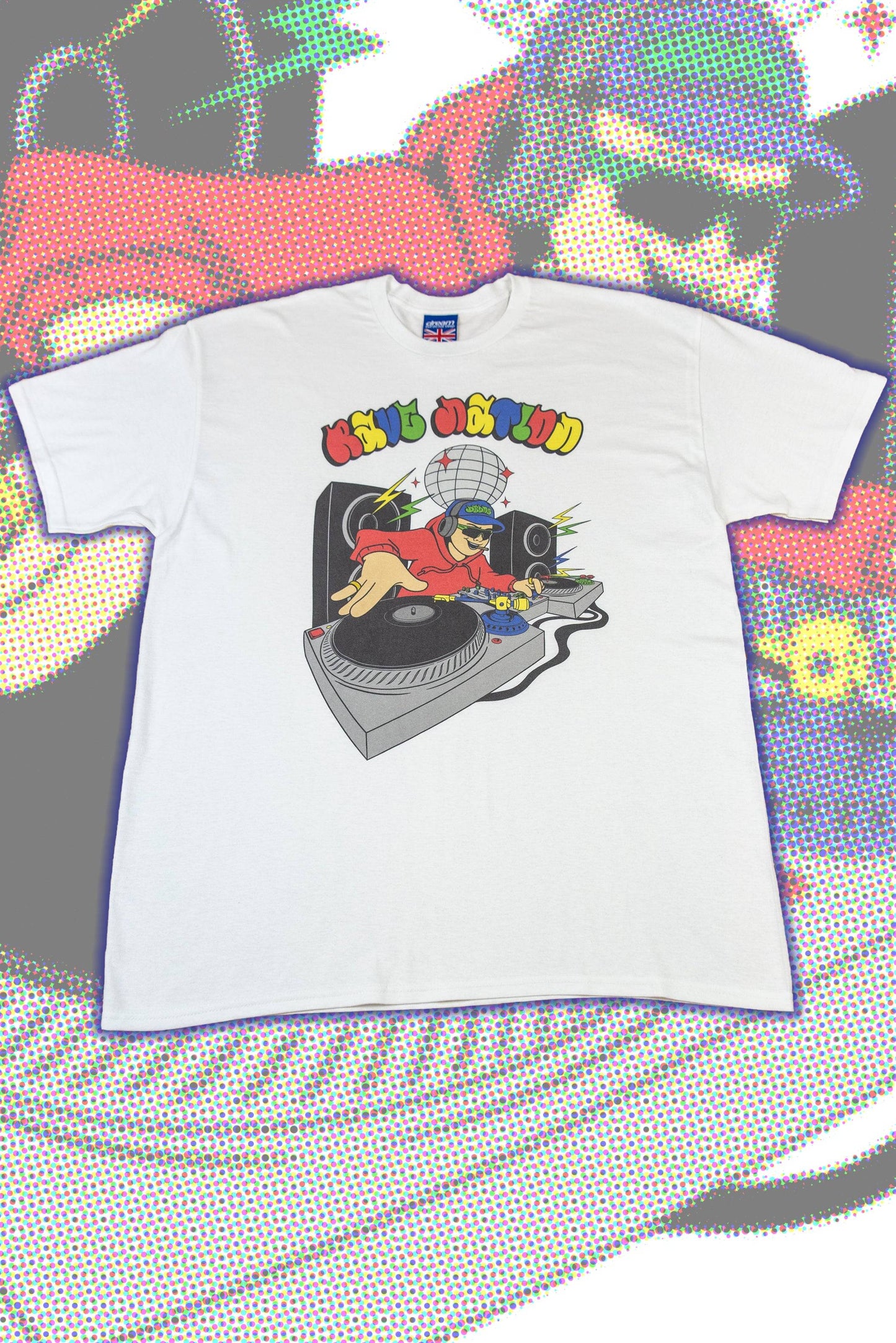 White DJ Print T-Shirt - Rave Nation features a colorful cartoon DJ spinning vinyl on turntables with bold Rave Nation text. Unisex cotton tee.