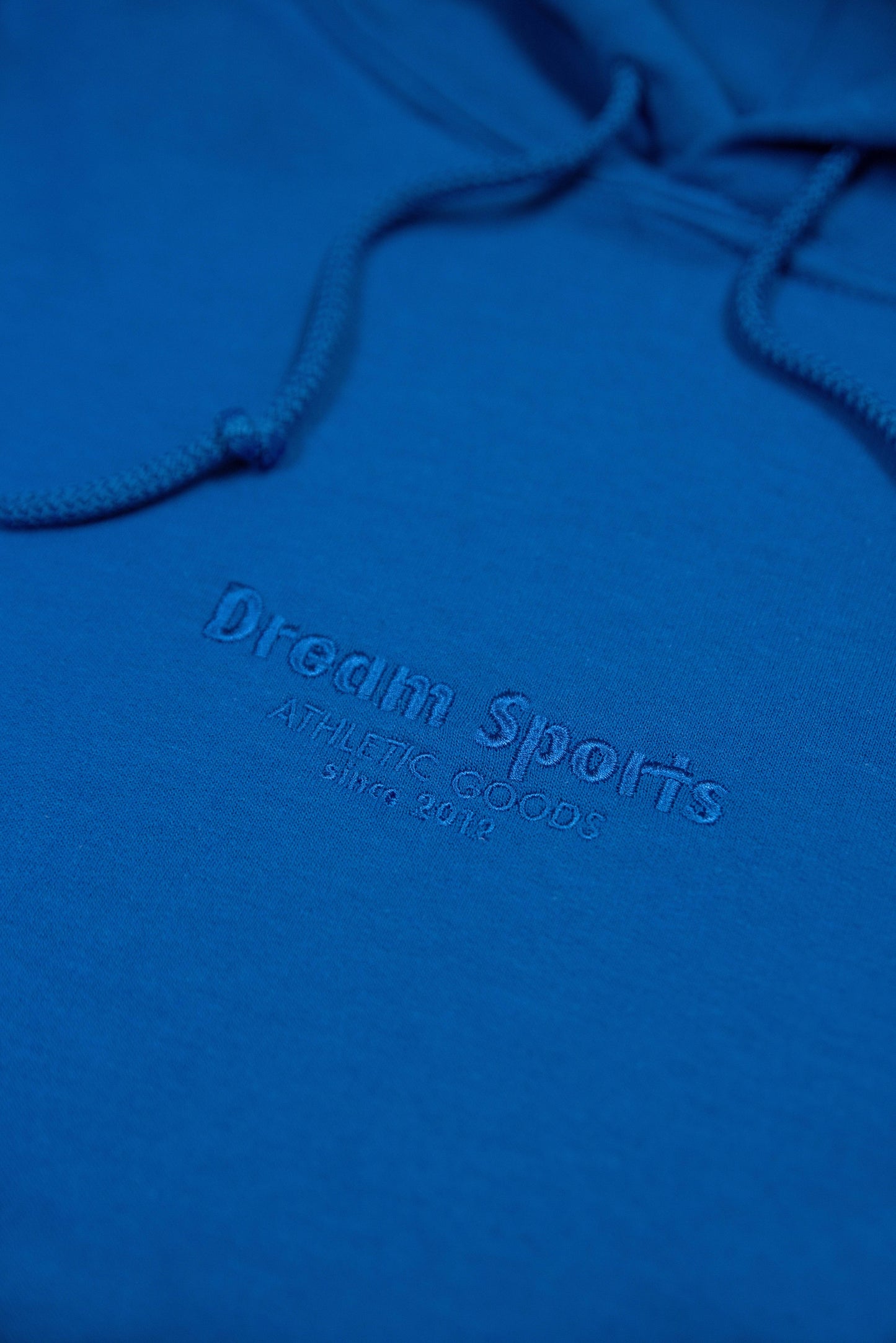 Detailed view of tonal Dream Sports embroidery on Royal Blue Hoodie, highlighting premium stitching on soft cotton fabric.