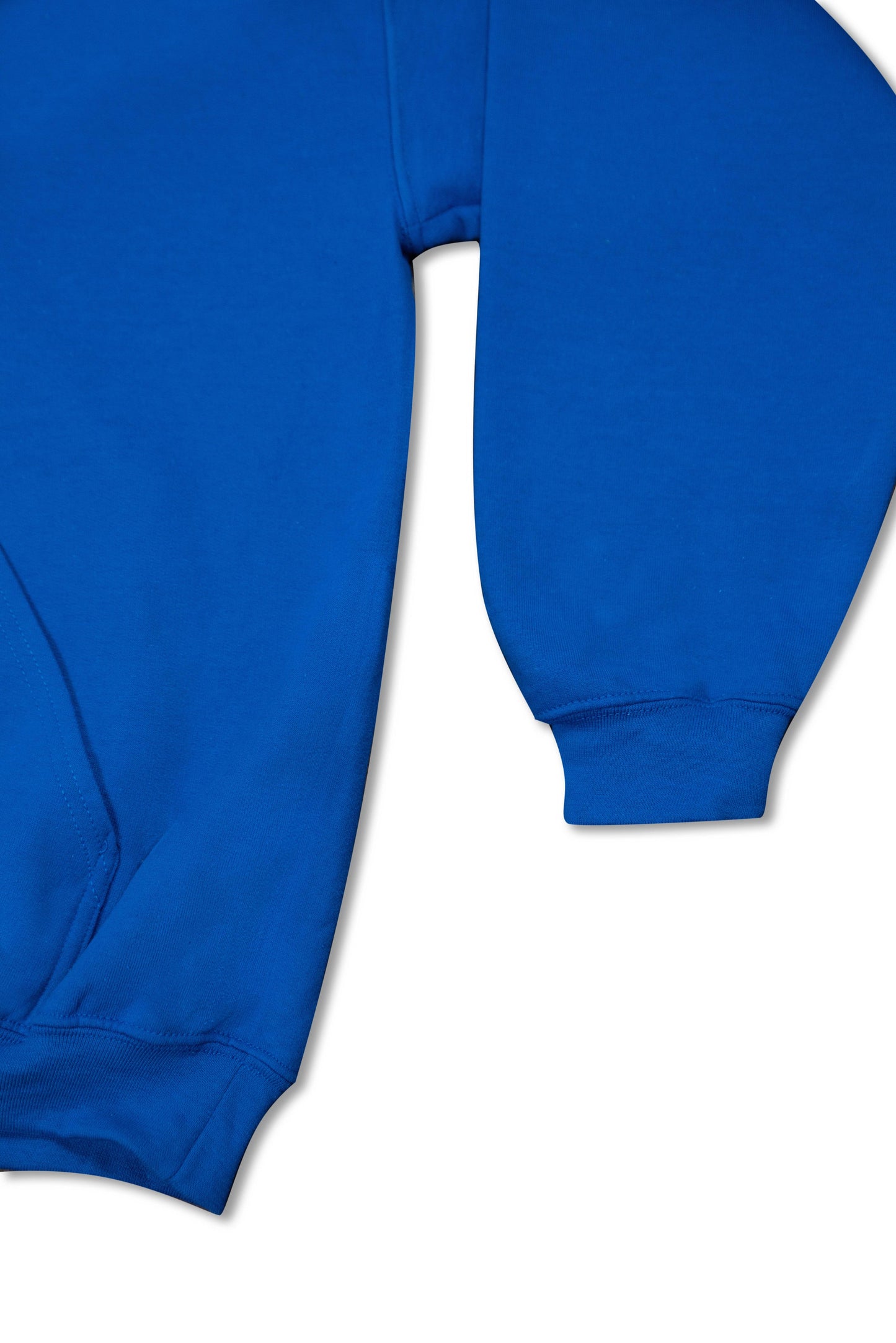 Sleeve and pocket detail of Royal Blue Unisex Hoodie in heavyweight cotton, showcasing ribbed cuffs and relaxed fit design.