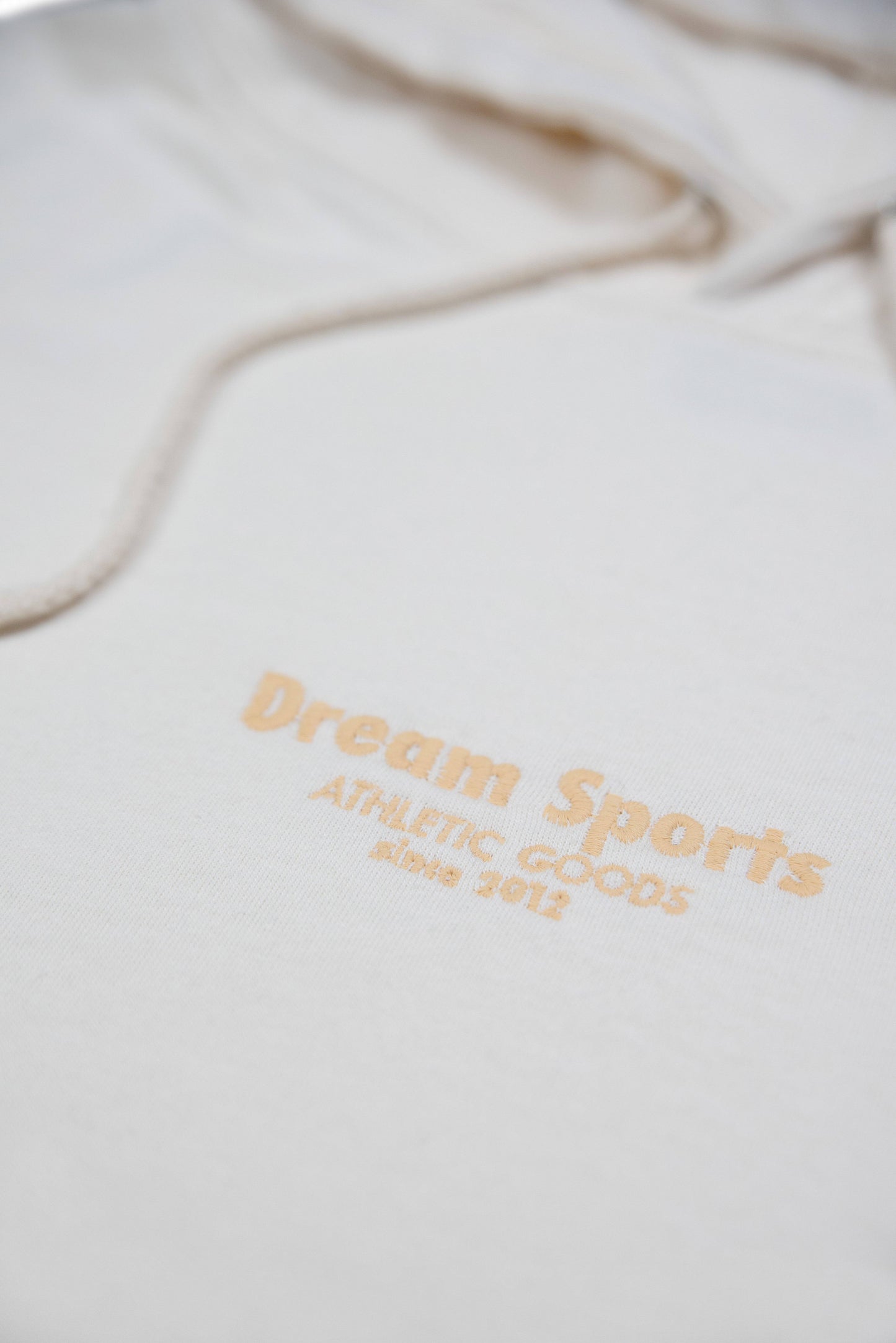 Detailed view of tonal logo embroidery reading 'Dream Sports Athletic Goods' on Vanilla Hoodie, highlighting premium stitching and fabric texture.