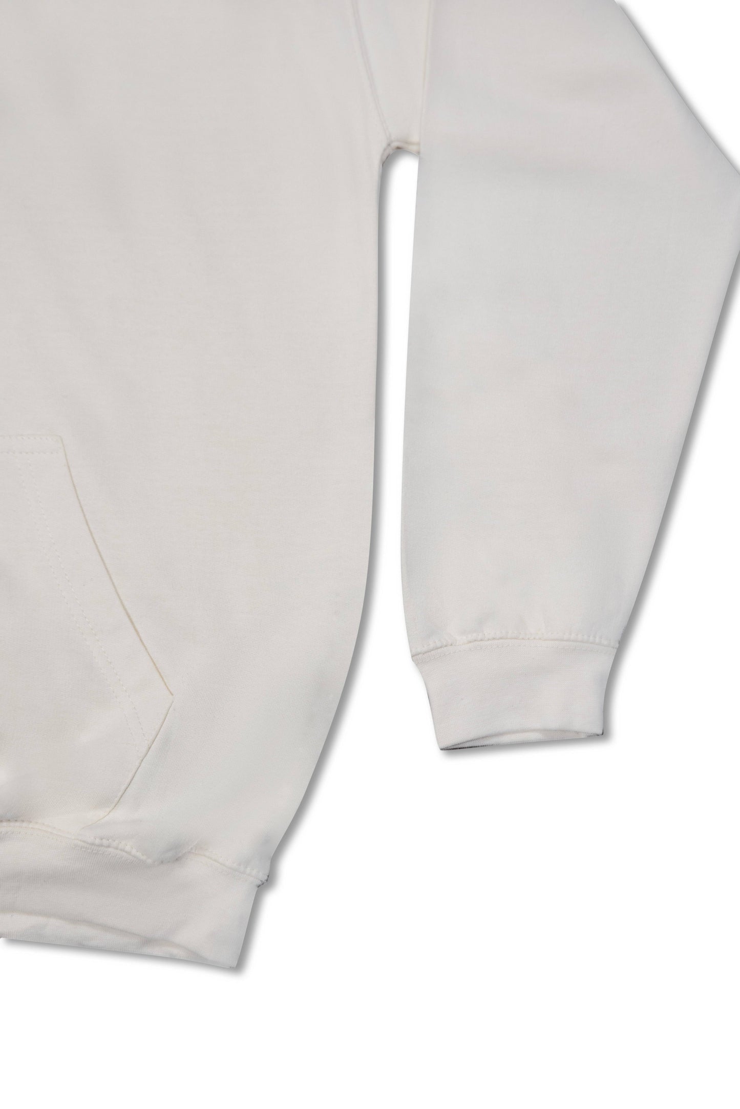 Sleeve and pocket detail of Vanilla Hoodie with Logo Embroidery, showing ribbed cuff and heavyweight cotton material for durable outerwear style.