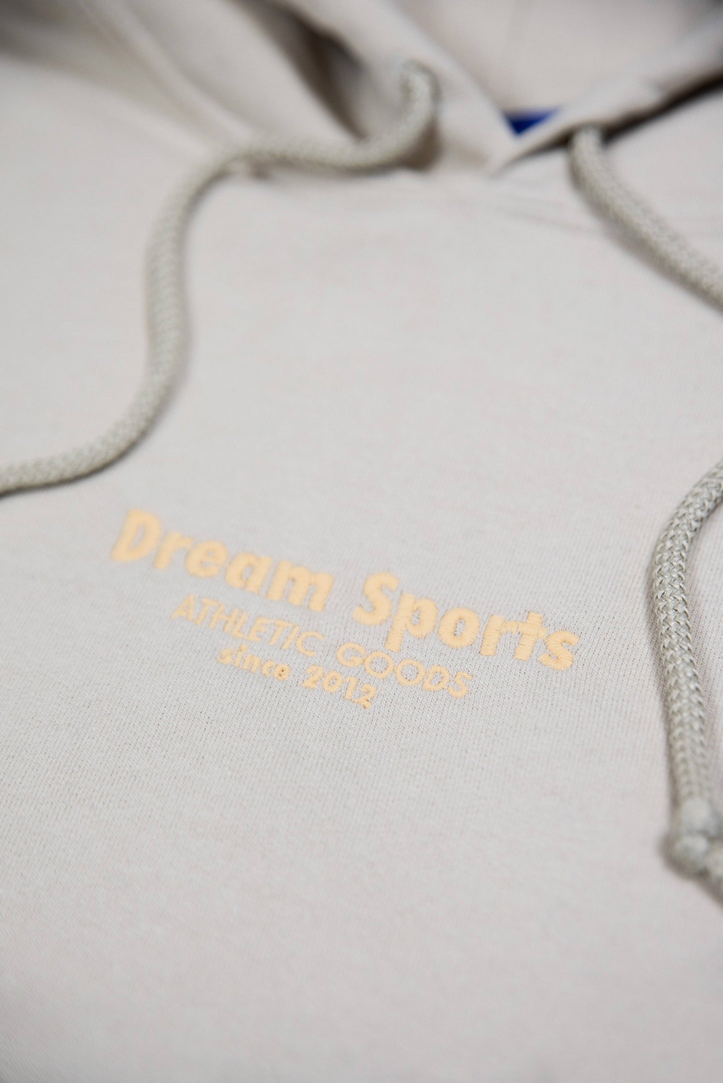 Detailed view of Dream Sports tonal embroidery on the sand hoodie, showcasing premium stitching and soft heavyweight cotton texture.