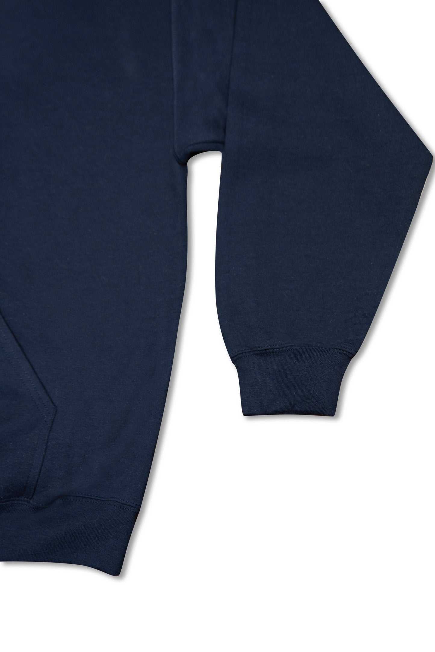 Cuffed sleeve and kangaroo pocket detail of navy hoodie, emphasizing relaxed fit and durable cotton fabric for casual outerwear.