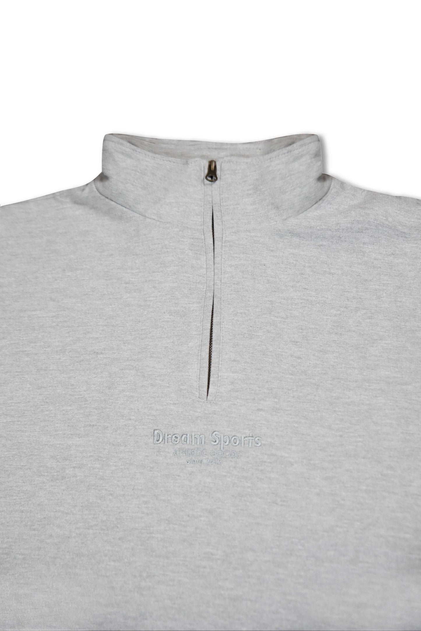 Close-up of Heather Grey 1/4 zip sweatshirt collar and tonal Dream Sports embroidery, showcasing minimalist athletic design.