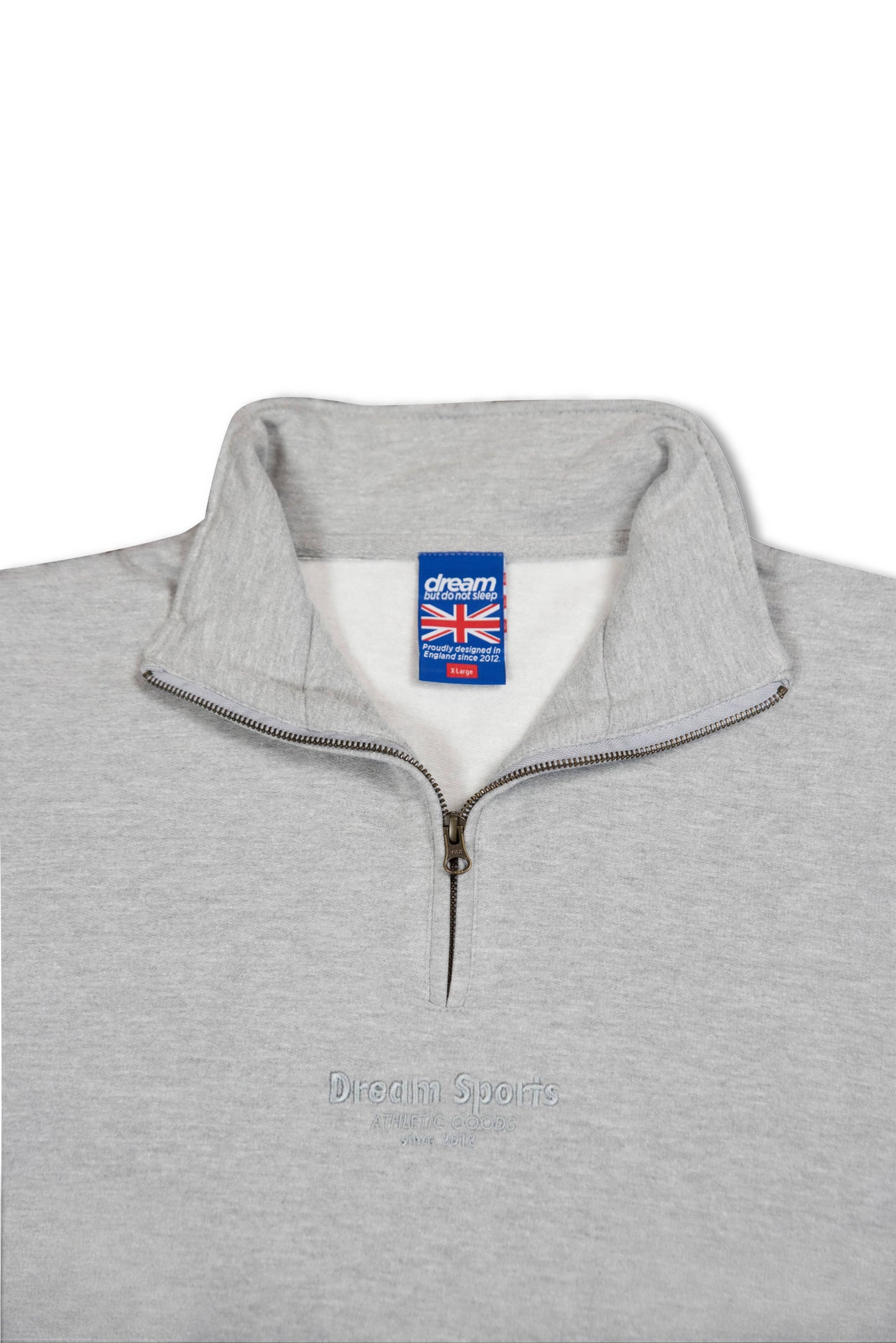 Heather Grey Sport 1/4 zip sweatshirt with open collar showing inner label and soft fleece lining, ideal for casual outerwear.