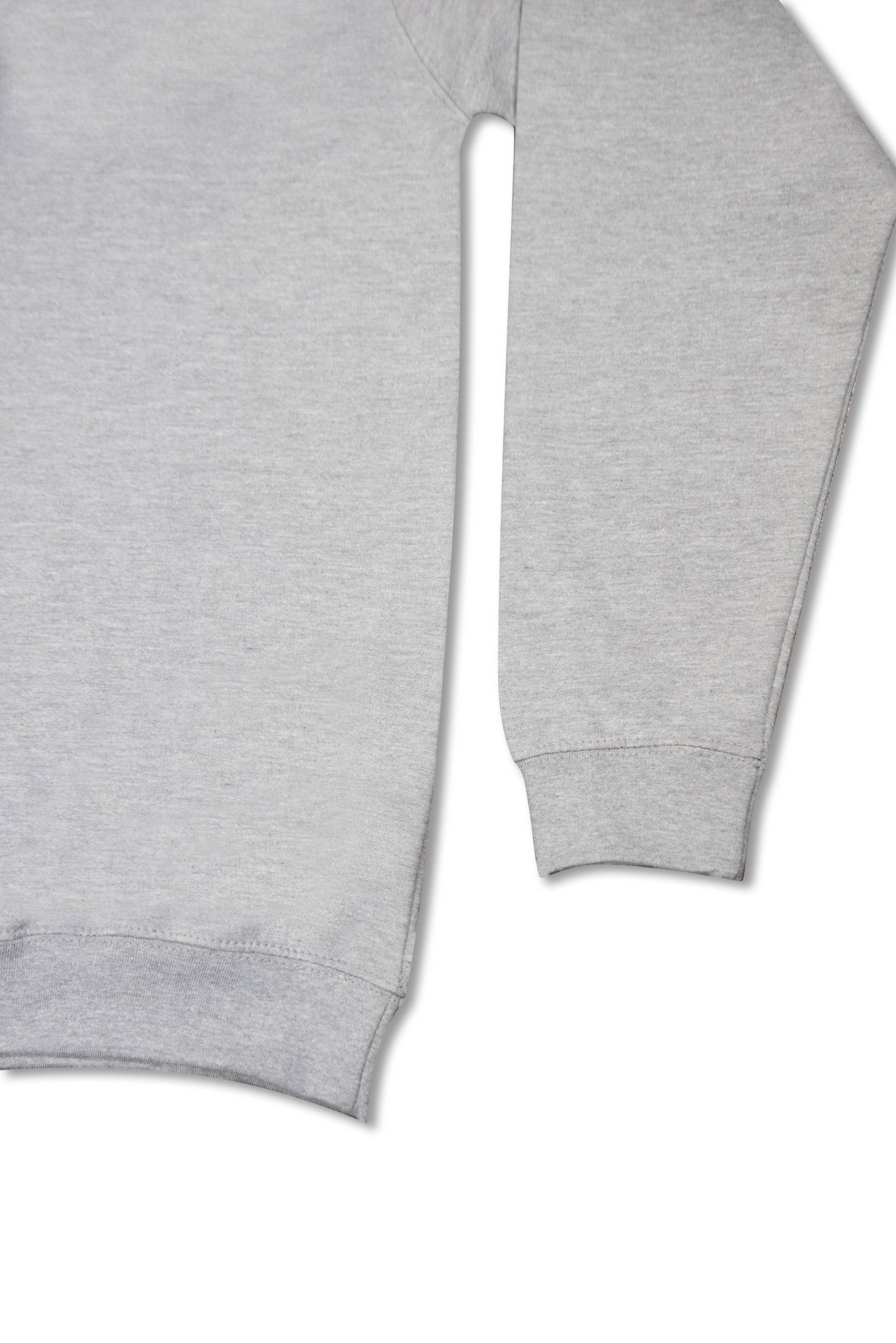 Cuffed sleeve and hem detail of Heather Grey Sport 1/4 zip sweatshirt, crafted from premium heavyweight cotton for durability.