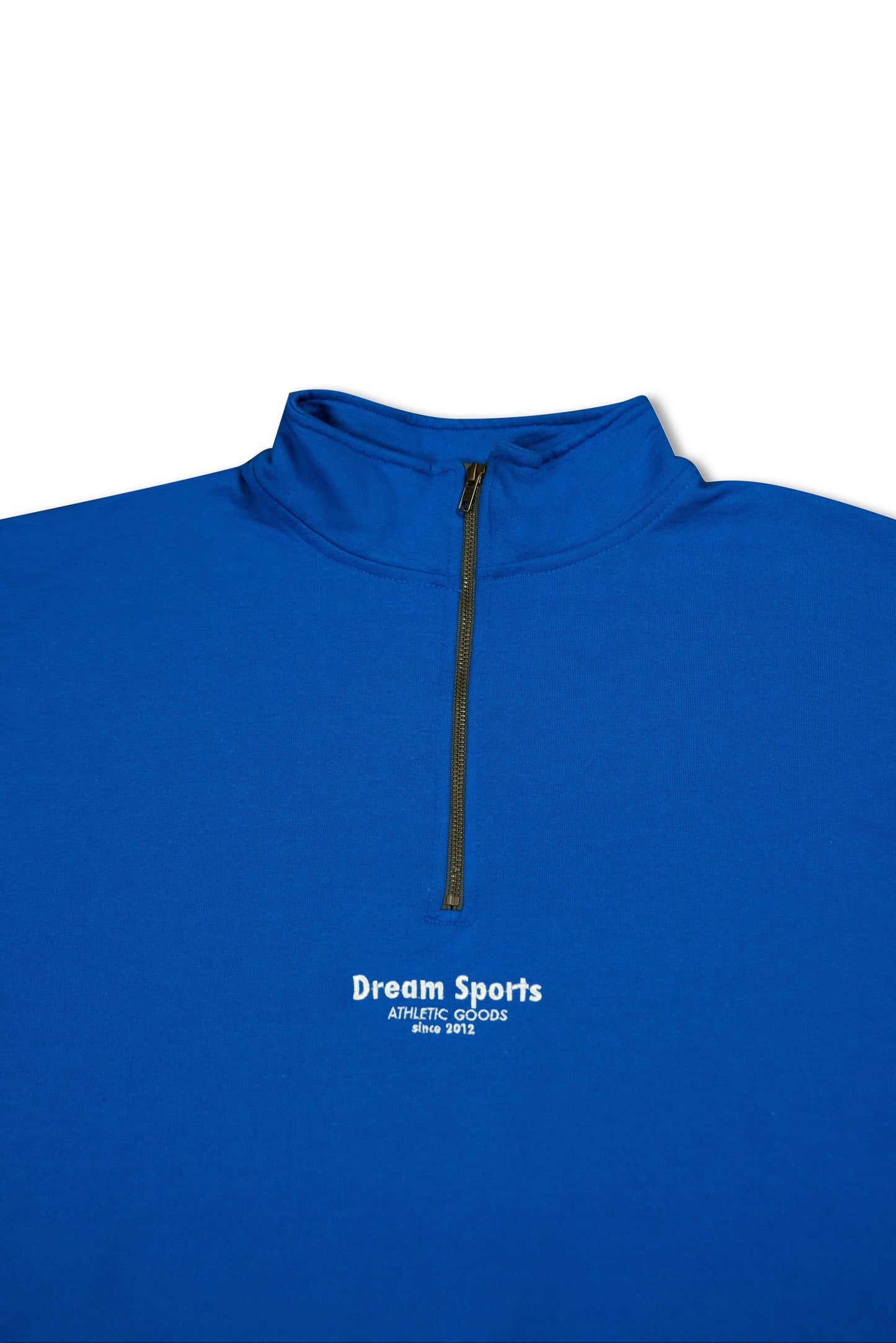 Close-up of royal blue 1/4 zip sweatshirt featuring Dream Sports tonal logo embroidery and high collar for a sporty, iconic look.
