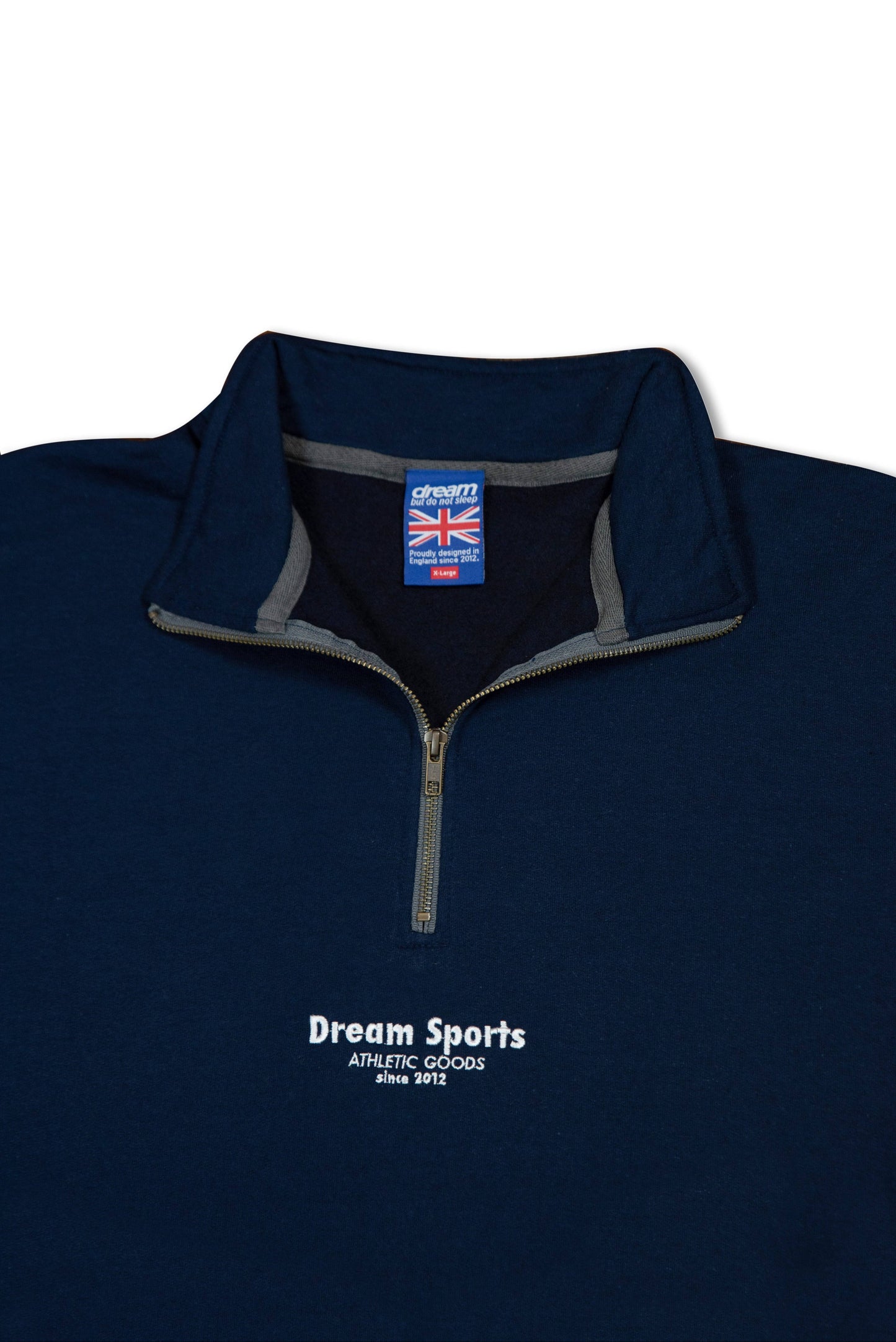 Interior collar view of Navy 1/4 Zip Sweatshirt - Dream Sports | Heavyweight Cotton with contrasting inner lining and UK-made label.