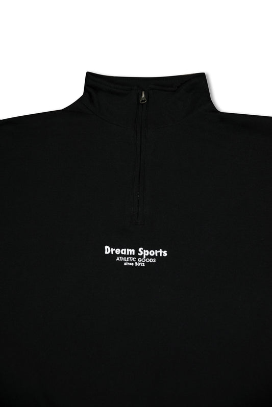 Close-up of black 1/4 zip sweatshirt with Dream Sports tonal logo embroidery, showcasing minimalist design and heavyweight cotton texture.