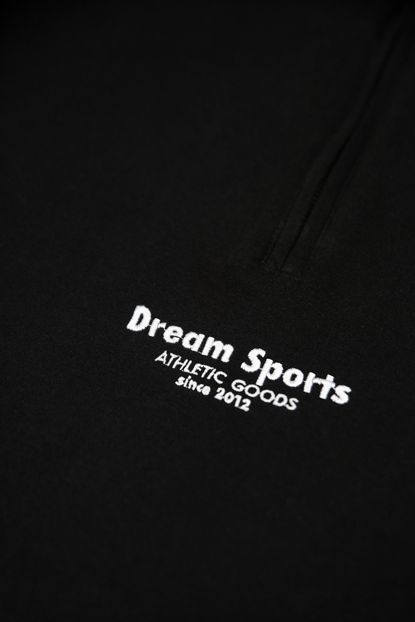 Detailed embroidery of Dream Sports logo on black 1/4 zip sweatshirt, emphasizing quality stitching and tonal branding.