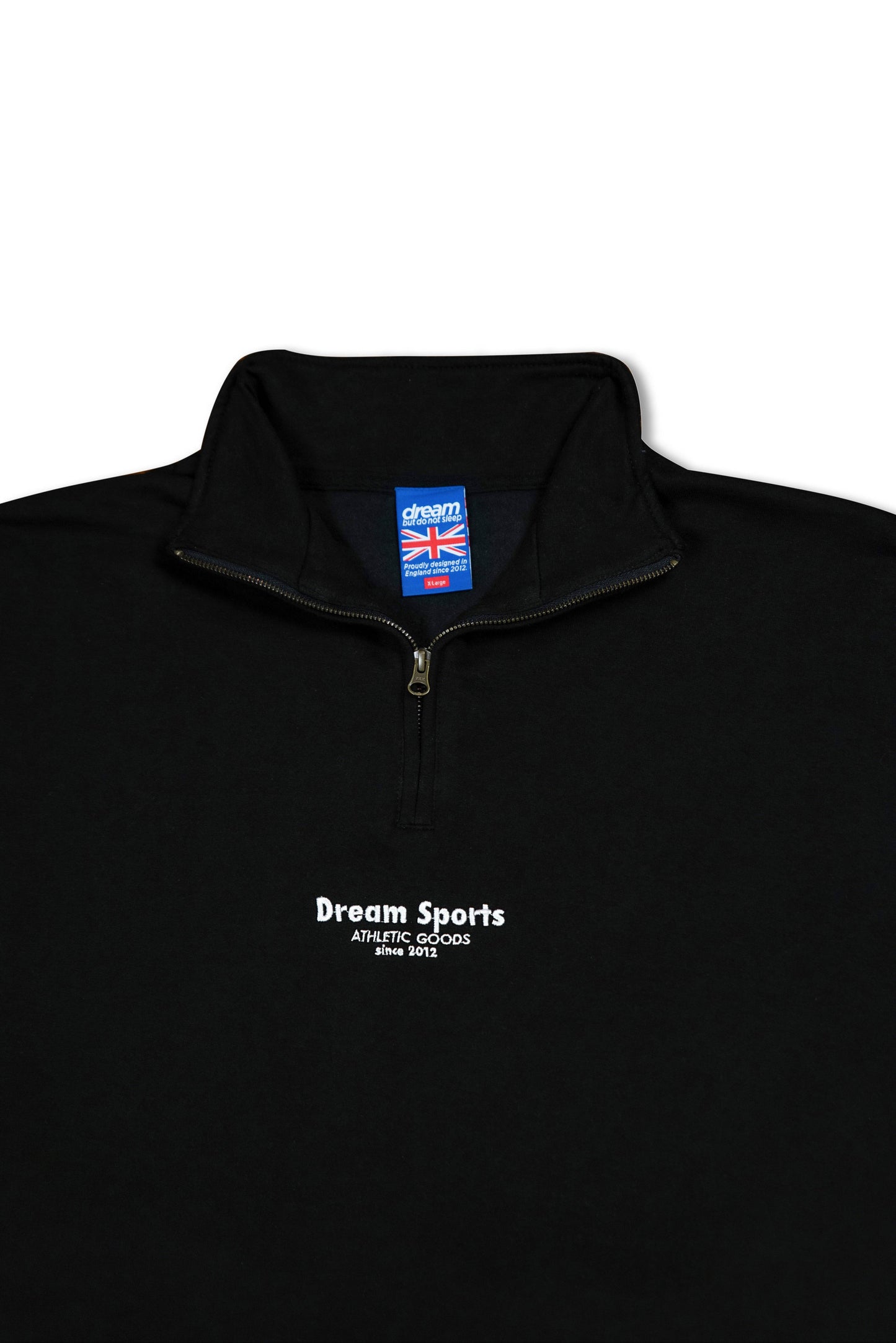 Unisex black 1/4 zip sweatshirt with Dream Sports logo and UK-made label, crafted from heavyweight cotton for premium comfort and fit.
