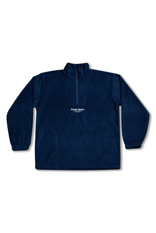 Navy 1/4 zip fleece with relaxed fit and tonal Dream Sports embroidery, heavyweight unisex outerwear for casual layering.