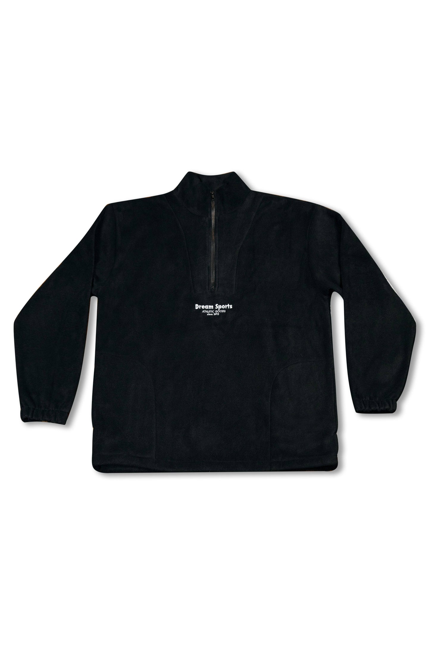 Black 1/4 zip fleece with relaxed fit and tonal Dream Sports logo embroidery, ideal for unisex outerwear in casual streetwear collections.