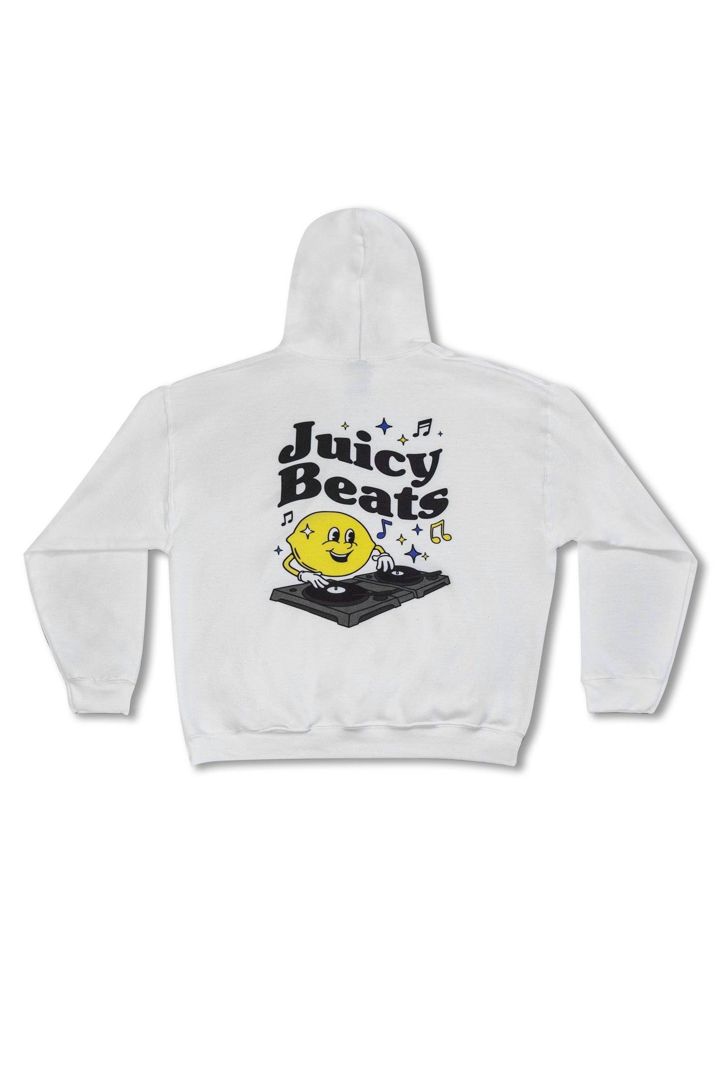 White Hoodie with Juicy Beats Print featuring a smiling lemon DJ on turntables, relaxed unisex fit in heavyweight cotton, ideal for streetwear lovers.