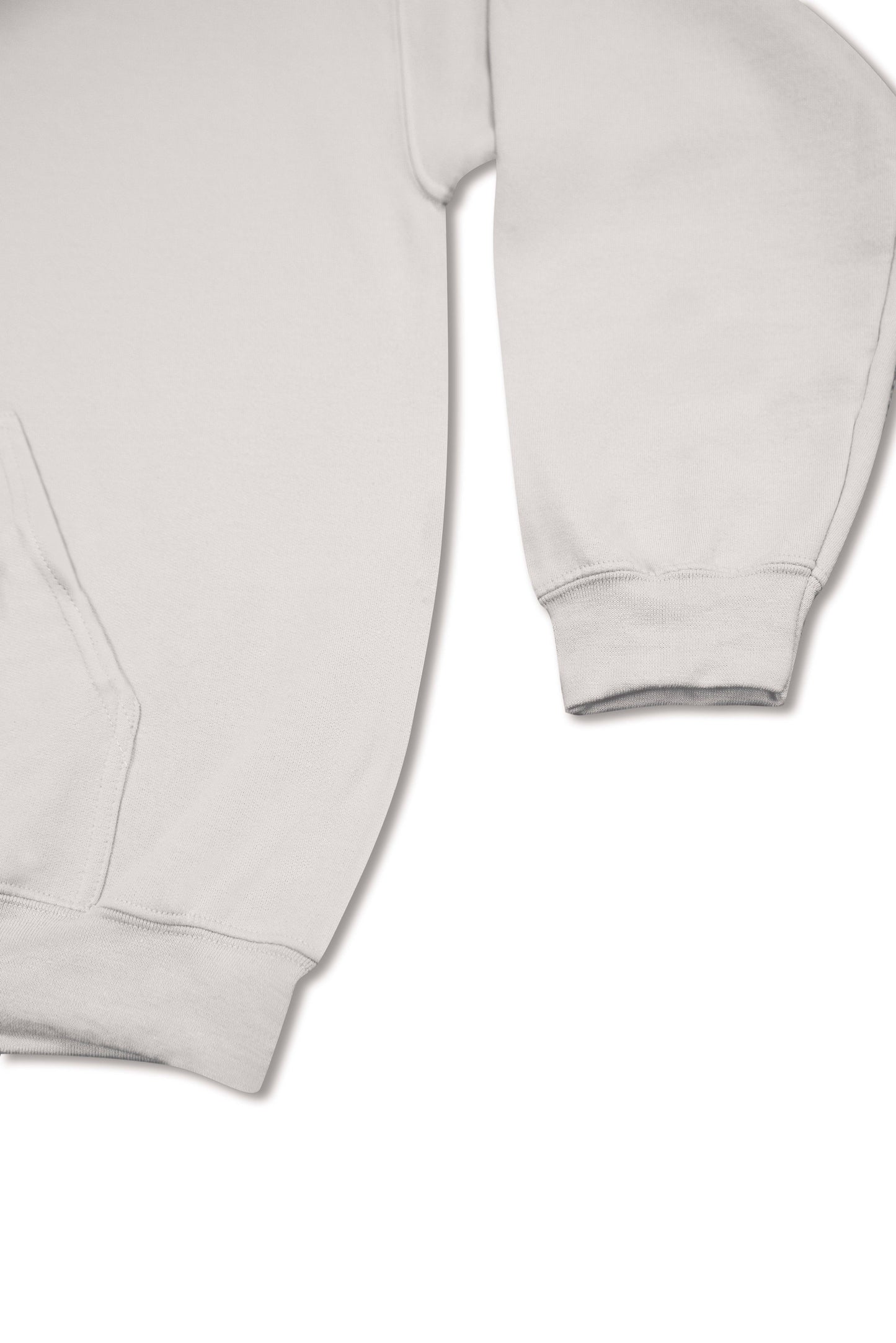 Sleeve and pocket detail of Life's Peachy Sand Hoodie. Relaxed fit with ribbed cuffs and kangaroo pocket in premium cotton fabric.
