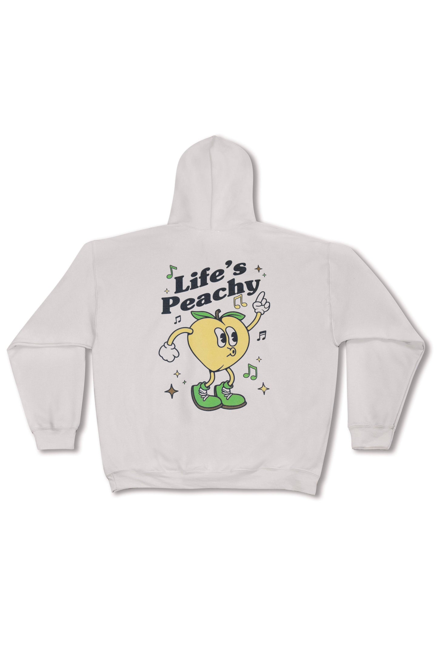 Life's Peachy Sand Hoodie featuring cartoon peach graphic and musical notes on back. Unisex relaxed fit streetwear hoodie in sand color.