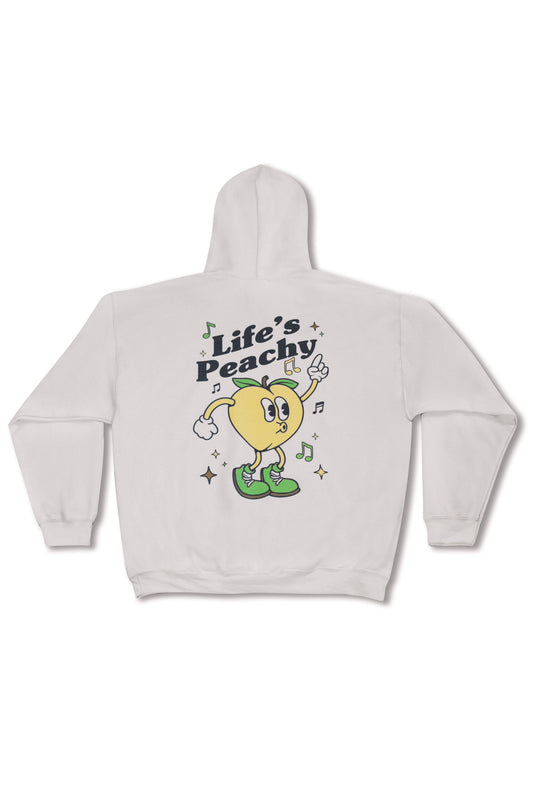 Life's Peachy Sand Hoodie featuring cartoon peach graphic and musical notes on back. Unisex relaxed fit streetwear hoodie in sand color.