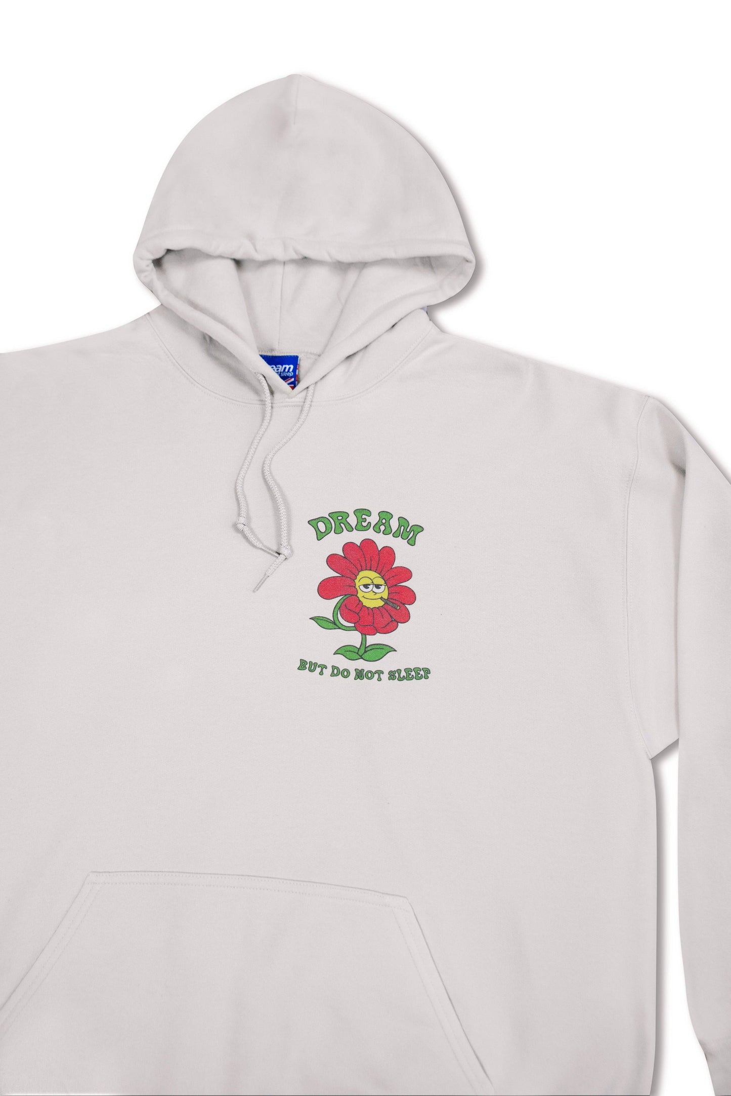 Zoomed-in front chest print on sand hoodie showing red flower and green 'Dream But Do Not Sleep' text. Boxy fit ideal for streetwear looks.