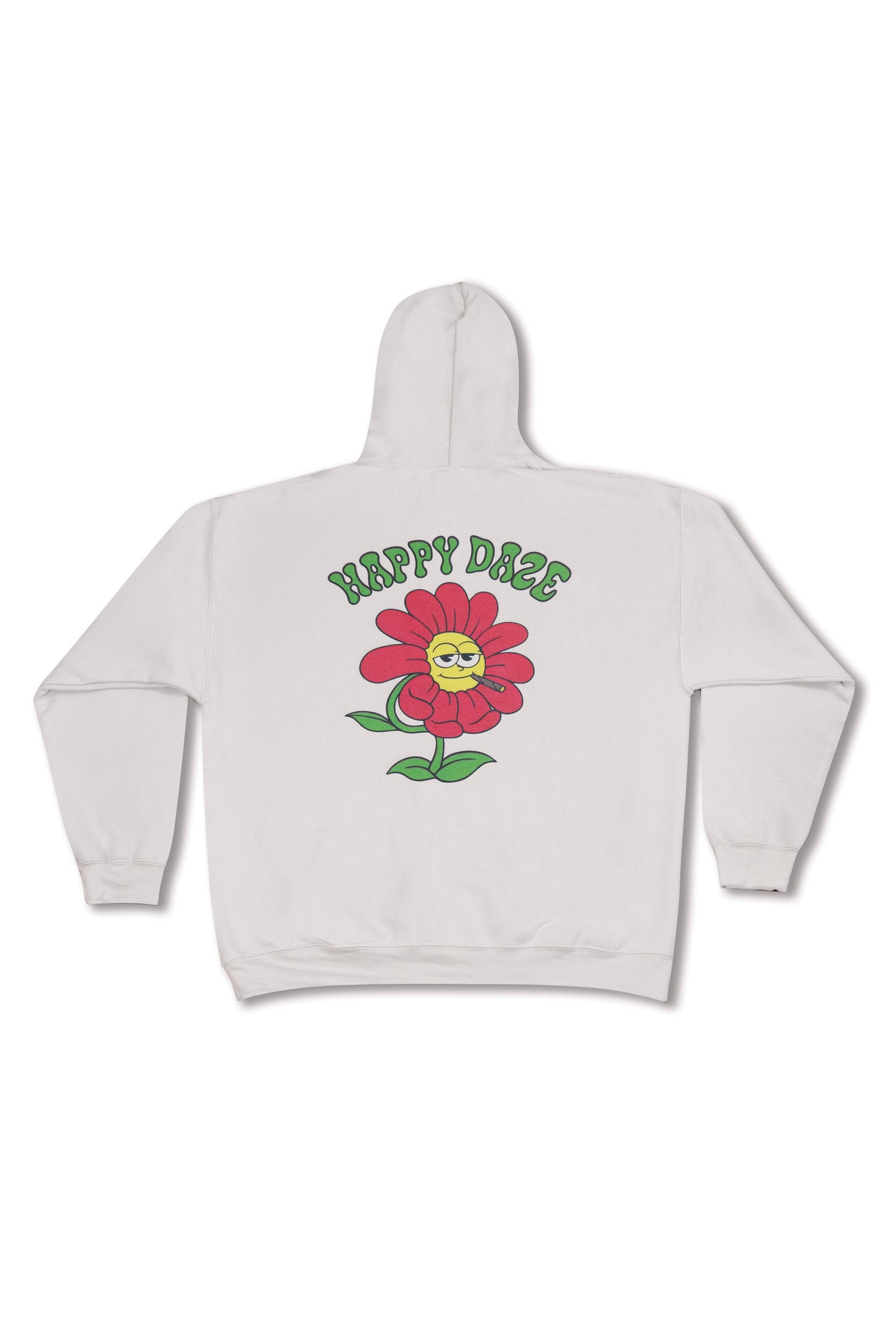 Unisex hoodie in sand with large red flower and 'Happy Daze' text on back. Relaxed fit streetwear hoodie ideal for casual wear.