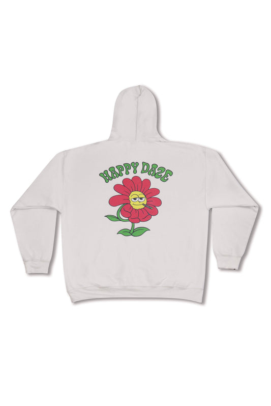 Unisex hoodie in sand with large red flower and 'Happy Daze' text on back. Relaxed fit streetwear hoodie ideal for casual wear.