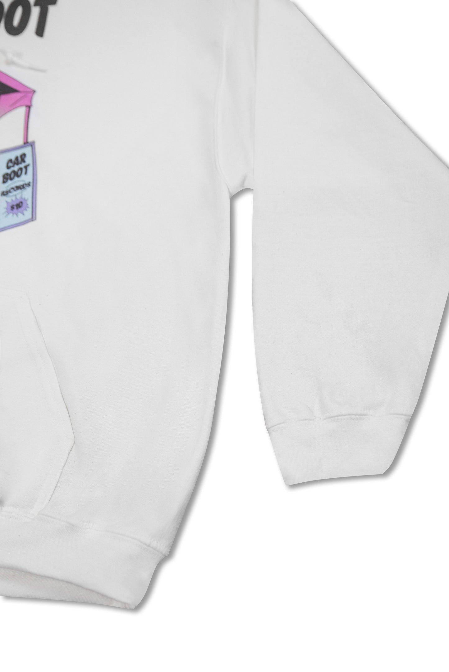 Sleeve and pocket detail of Hoodie in White - Unisex White Hoodie with relaxed fit and soft fabric, ideal for casual outerwear and layering.