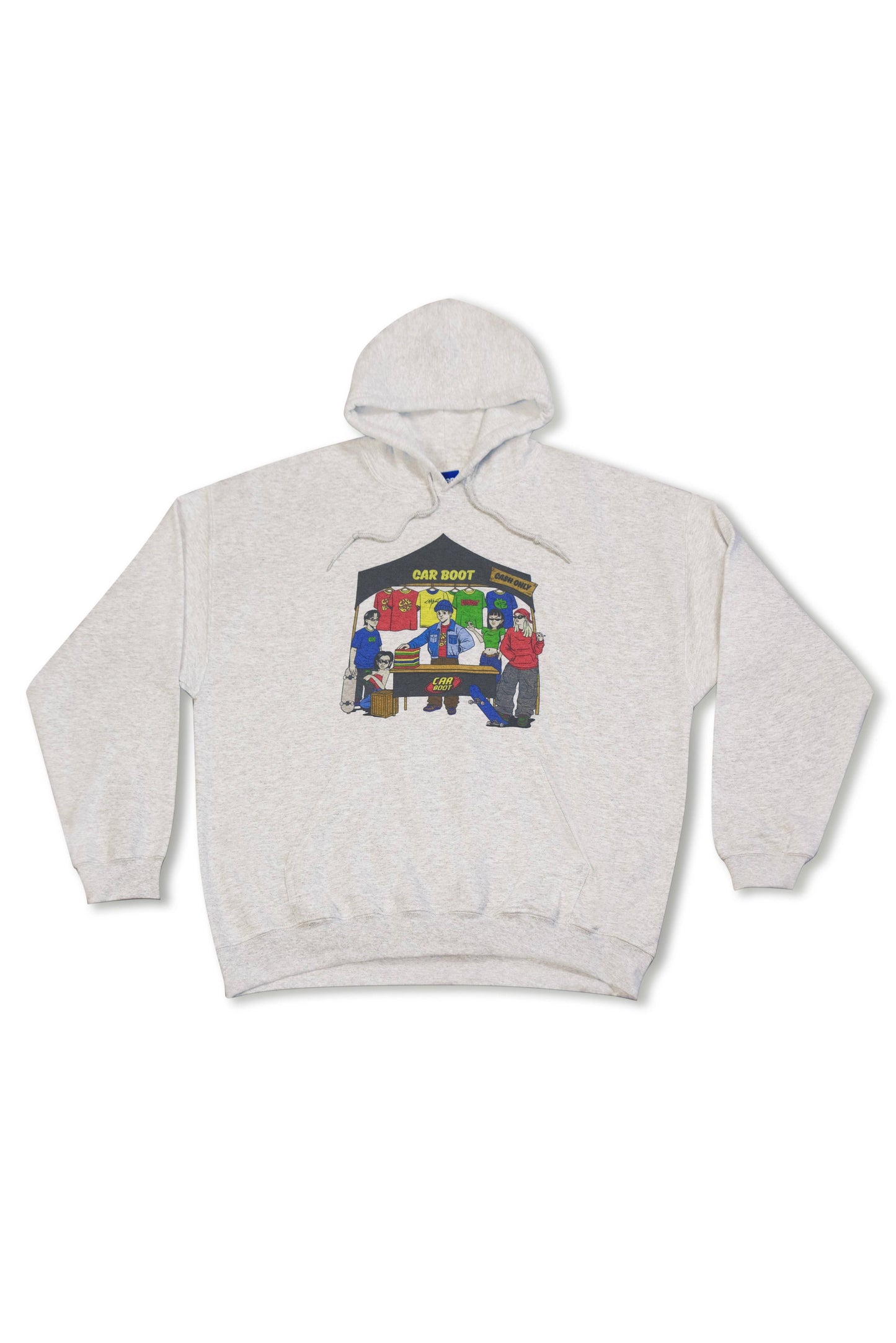 Ash grey hoodie with colorful car boot market stall print, unisex heavy cotton and relaxed fit, ideal for streetwear and casual outfits.