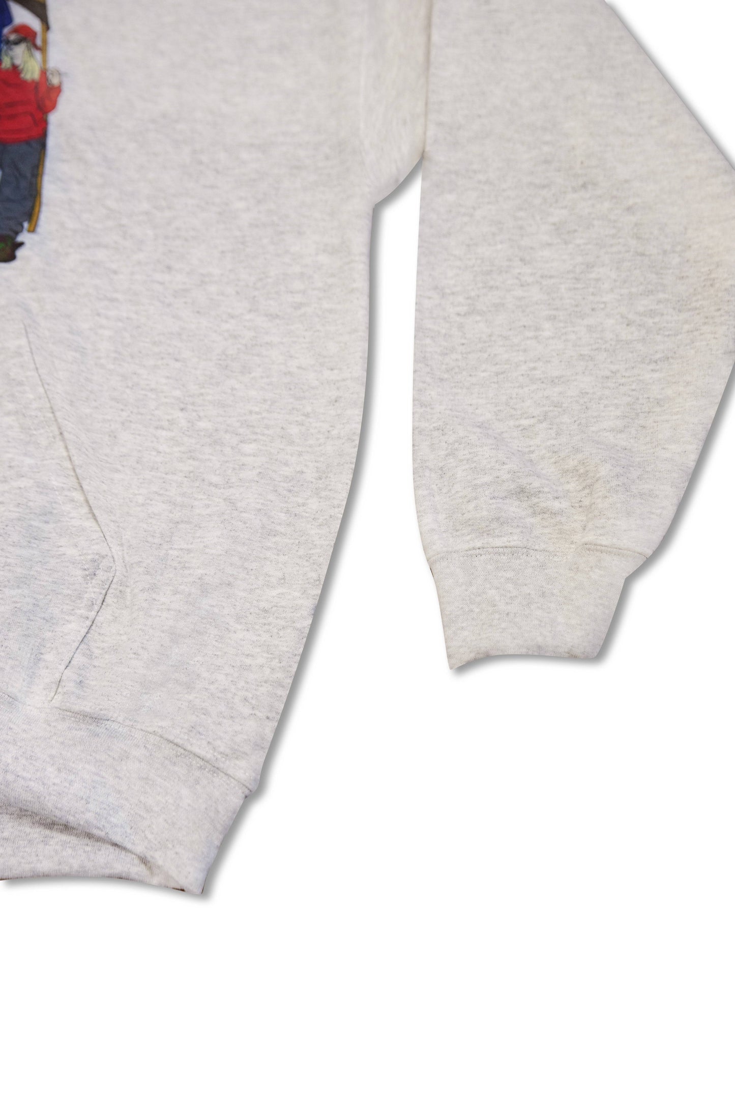 Cuff and pocket detail of ash grey hoodie with car boot print, highlighting soft heavyweight cotton fabric and relaxed streetwear design.