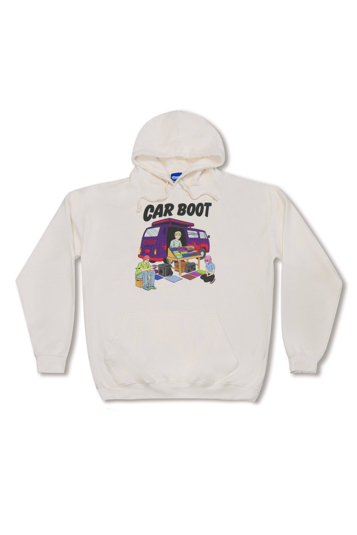 Vanilla Cream Hoodie with vibrant campervan print and 'Car Boot' text, unisex heavyweight cotton streetwear from DBDNS Shop.