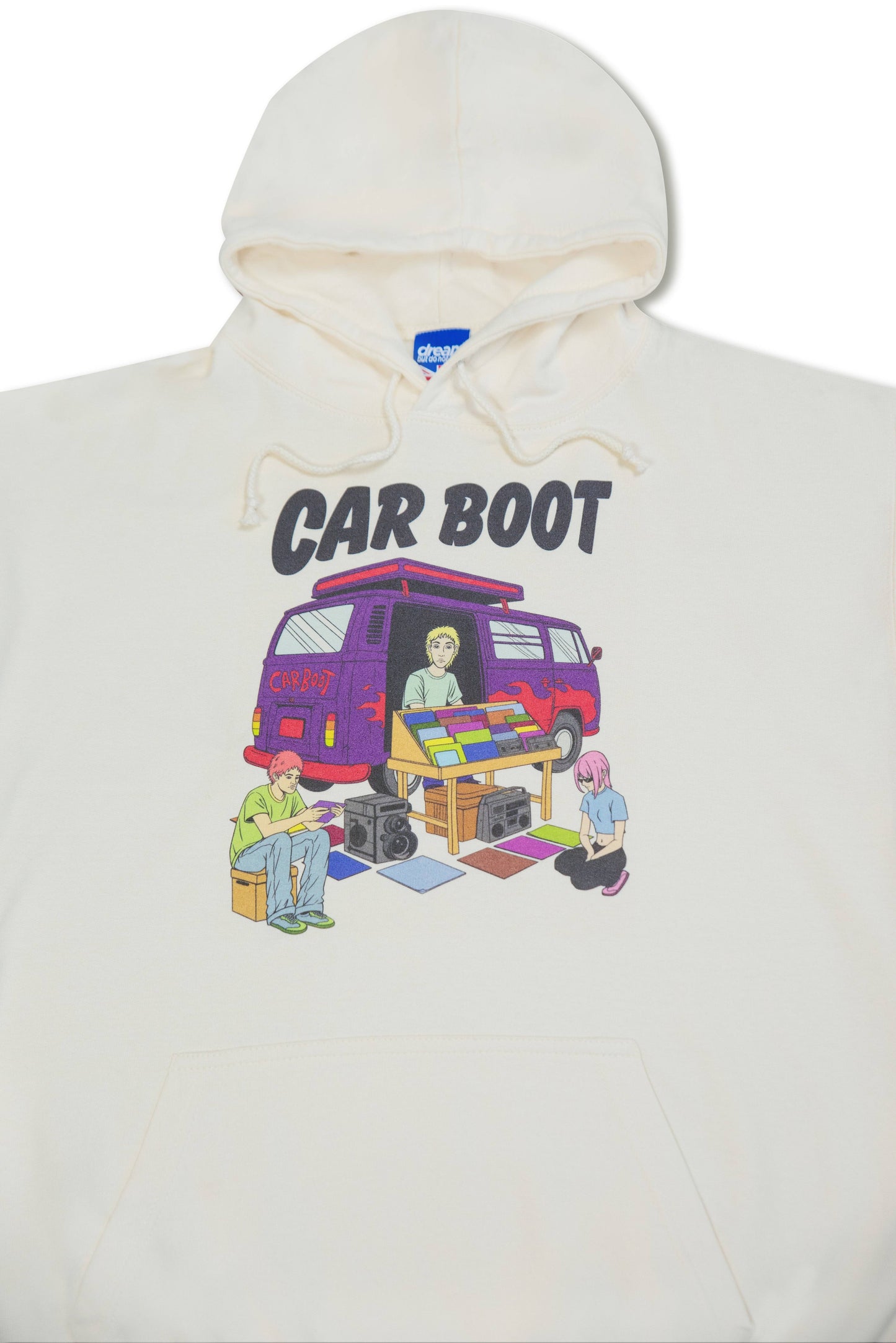 Close-up of Vanilla Cream Hoodie featuring colorful campervan and market scene graphic, ideal for Y2K streetwear fashion lovers.