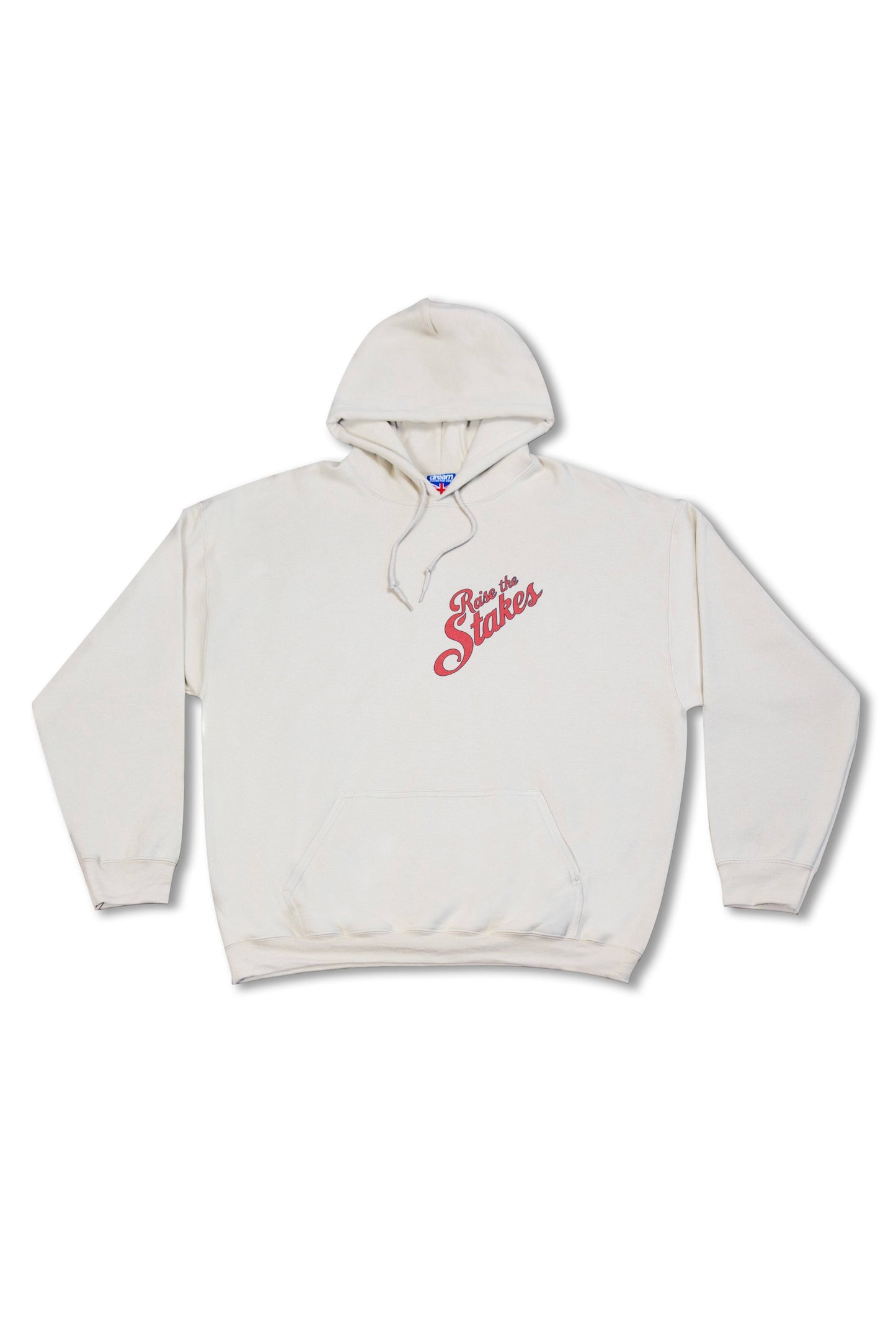 Front view of sand hoodie with small 'Raise the Stakes' text on chest. Relaxed fit and heavyweight cotton for streetwear style.