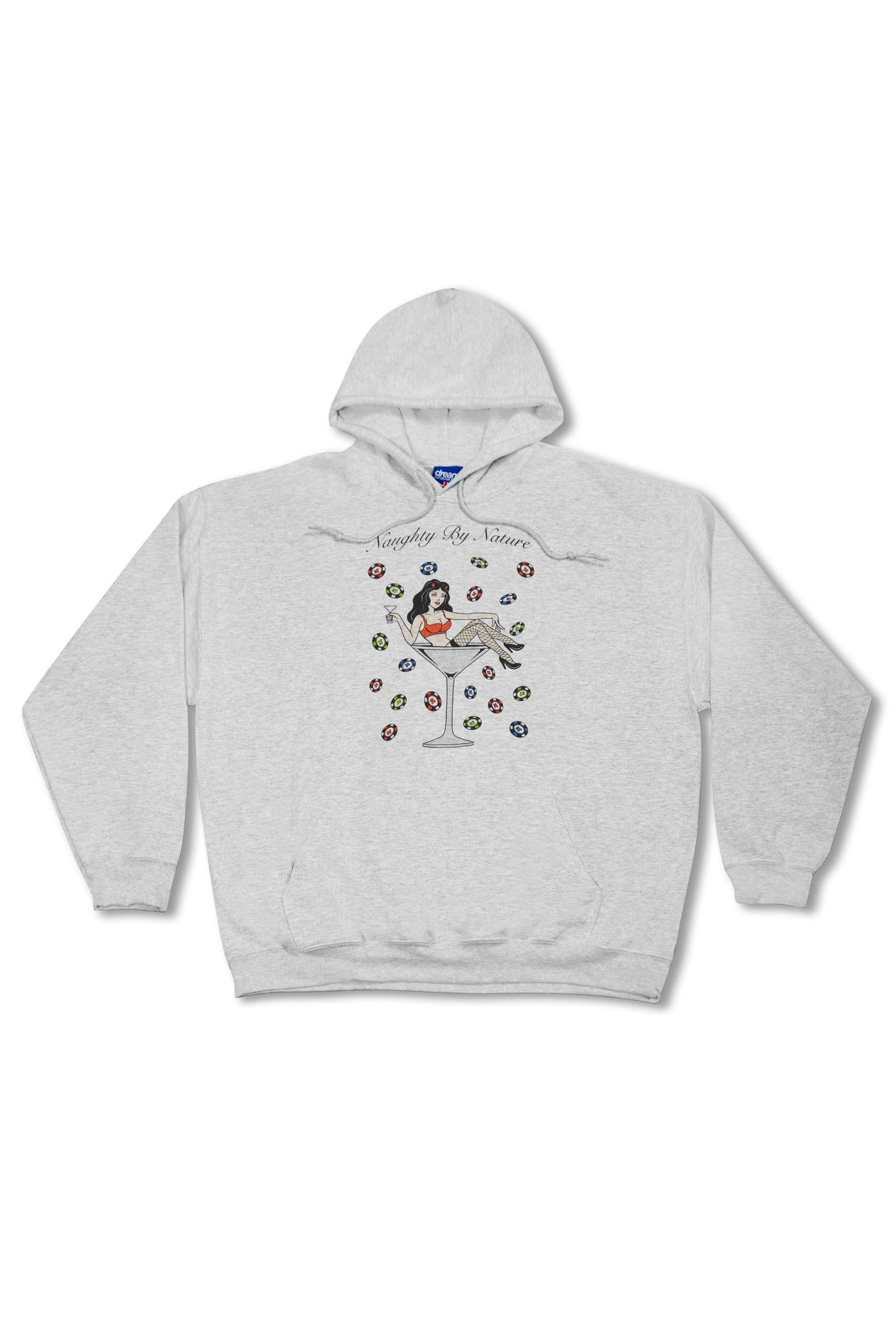 Ash Grey Hoodie - Naughty By Nature Print features a unisex fit with a bold graphic of a pin-up girl in a martini glass surrounded by poker chips.