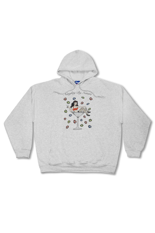 Ash Grey Hoodie - Naughty By Nature Print features a unisex fit with a bold graphic of a pin-up girl in a martini glass surrounded by poker chips.