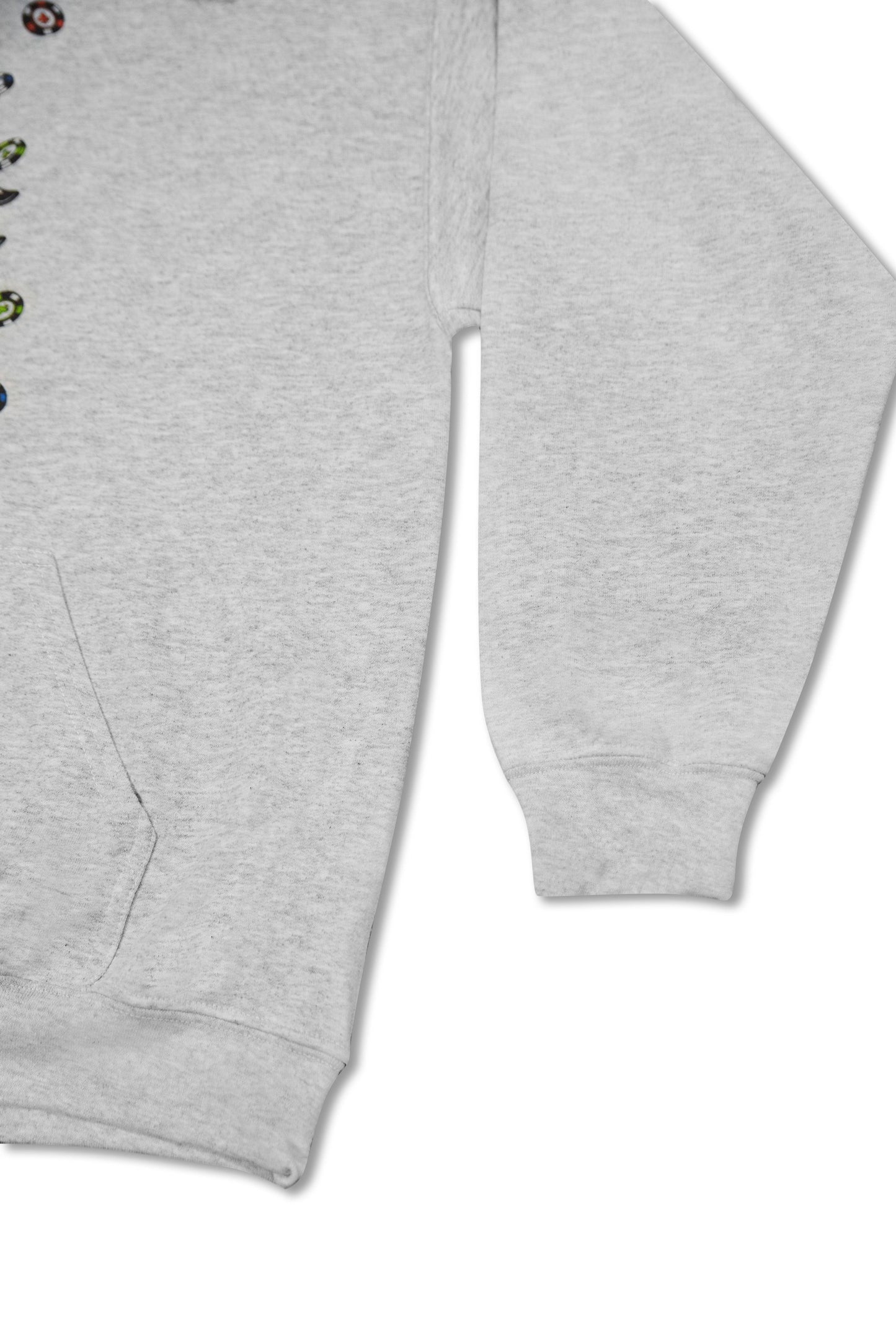 Ash Grey Hoodie sleeve and pocket detail showcasing heavyweight cotton fabric and ribbed cuffs for a relaxed unisex streetwear fit.